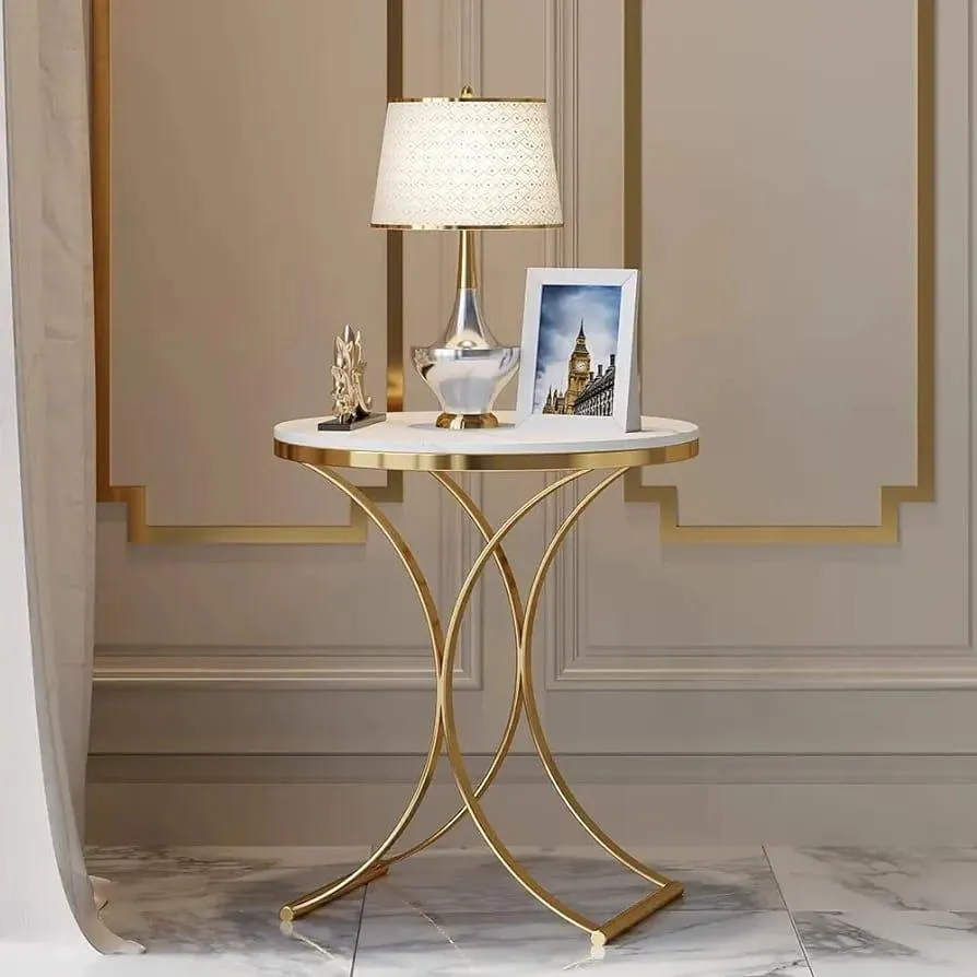 Golden Radiance Round Side Table with Marble Top - Modern Golden Accent Furniture for Elegant Living Rooms