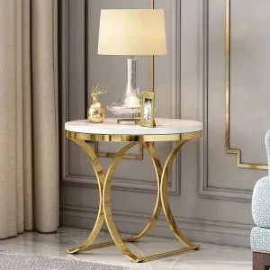 Golden Radiance Round Side Table with Marble Top