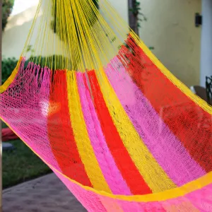 Hand Woven Nylon Pink Yellow Hammock (Single) from Mexico - Candy Delight | NOVICA