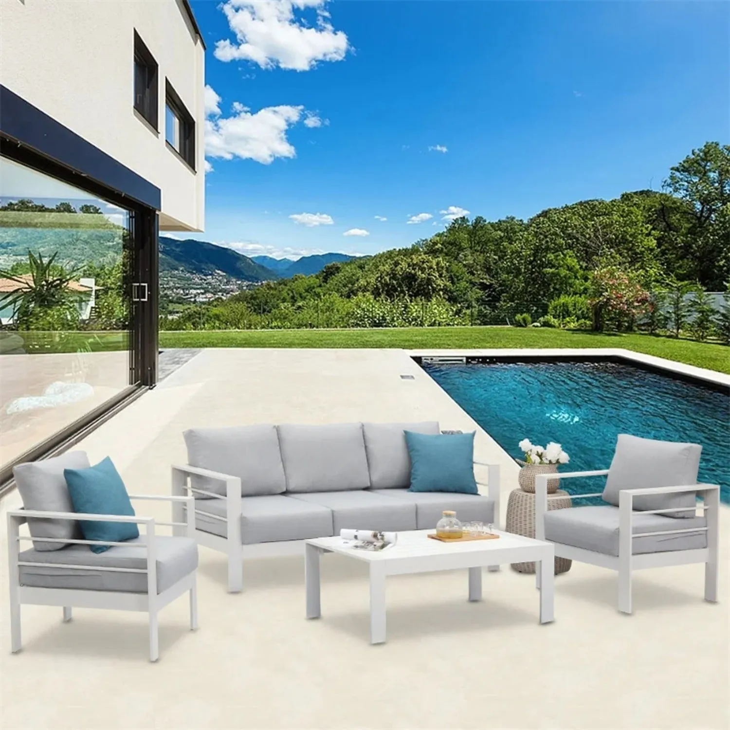 Heynemo Superjoe Aluminum Outdoor Furniture Set 5 Pcs Patio Sectional Conversation Sofa Set with Coffee Table,White