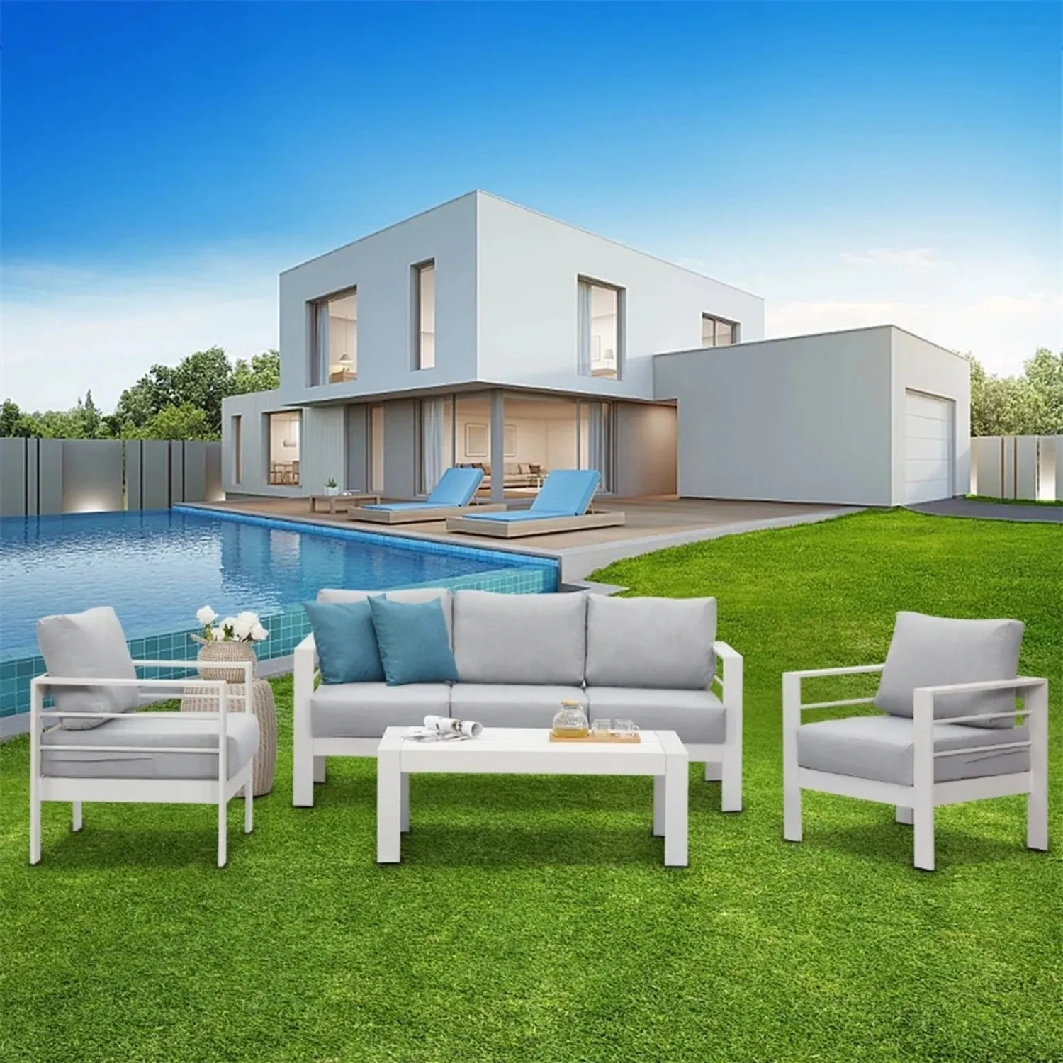 Heynemo Superjoe Aluminum Outdoor Furniture Set 5 Pcs Patio Sectional Conversation Sofa Set with Coffee Table,White