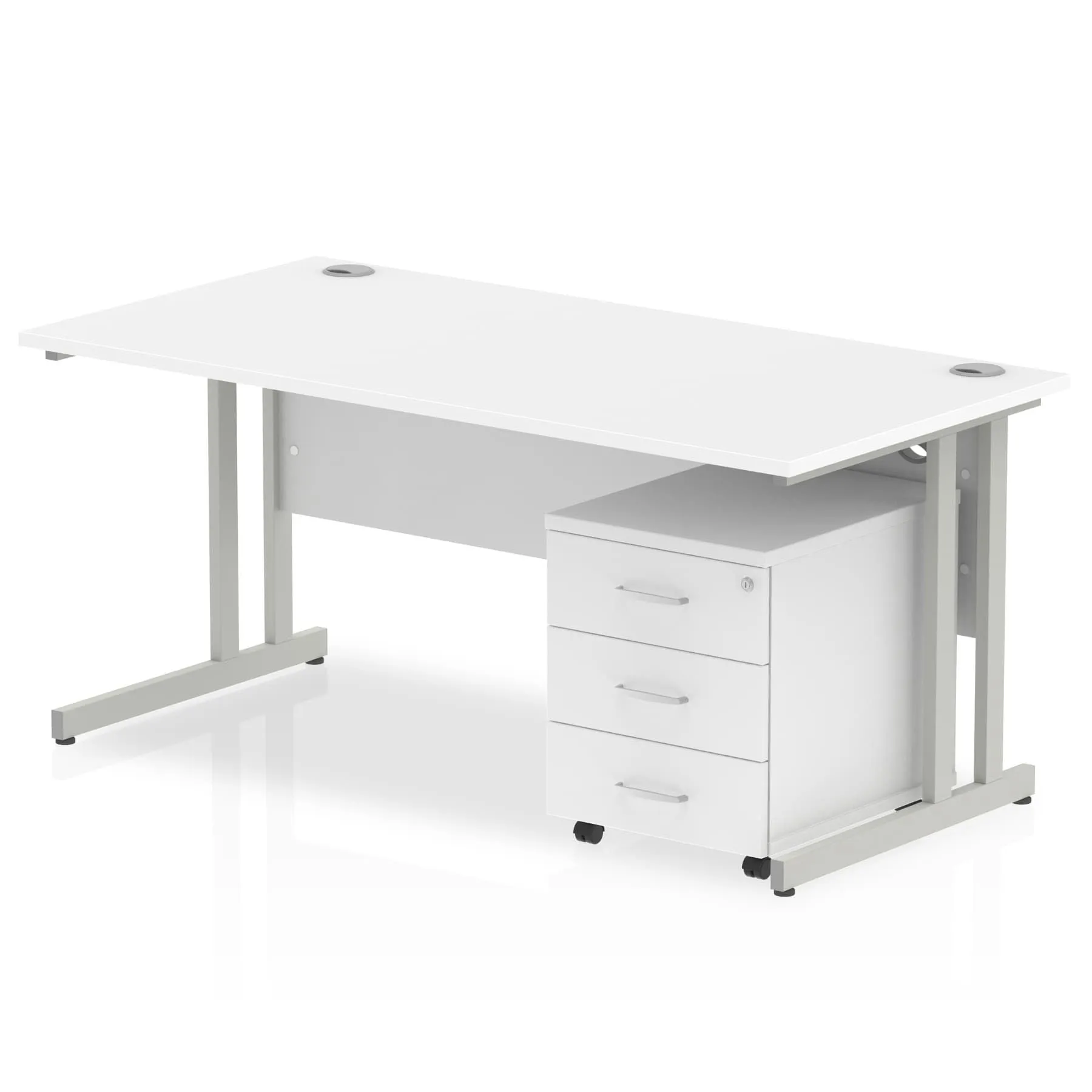 Impulse 1600mm Cantilever Straight Desk w/ Mobile Pedestal - MFC Rectangular, Self-Assembly, 5-Year Guarantee, Silver/White Frame, Lockable Drawers