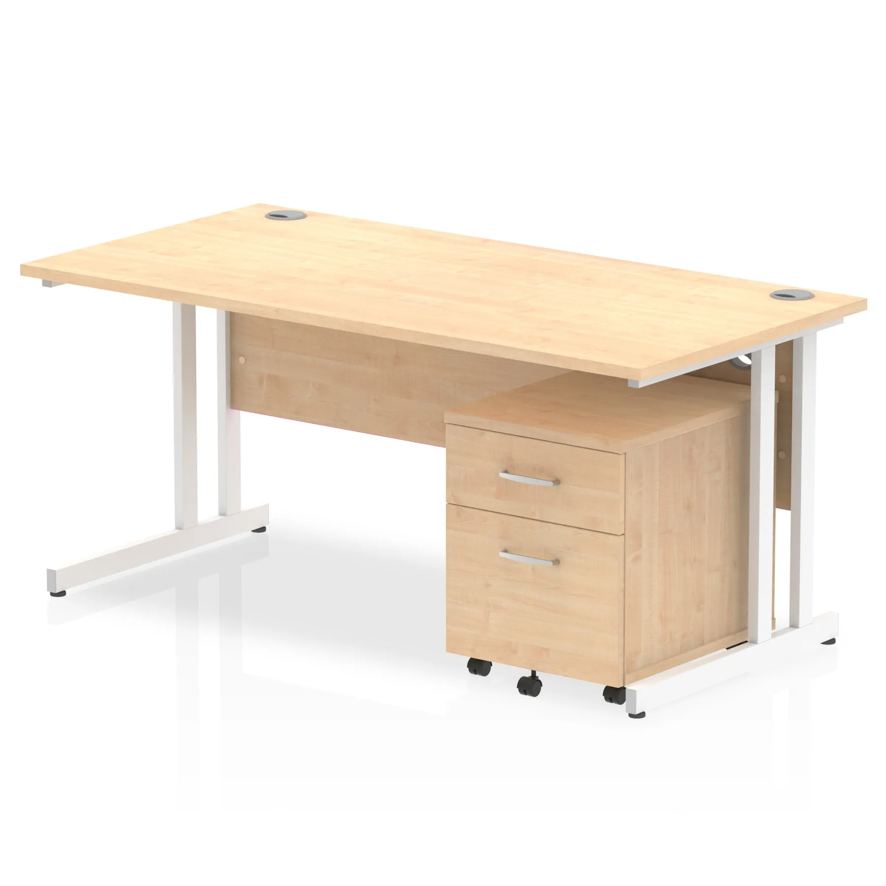 Impulse 1600mm Cantilever Straight Desk w/ Mobile Pedestal - MFC Rectangular, Self-Assembly, 5-Year Guarantee, Silver/White Frame, Lockable Drawers