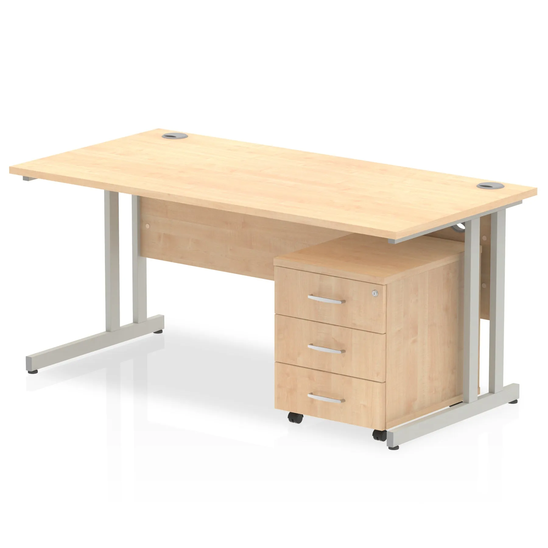 Impulse 1600mm Cantilever Straight Desk w/ Mobile Pedestal - MFC Rectangular, Self-Assembly, 5-Year Guarantee, Silver/White Frame, Lockable Drawers