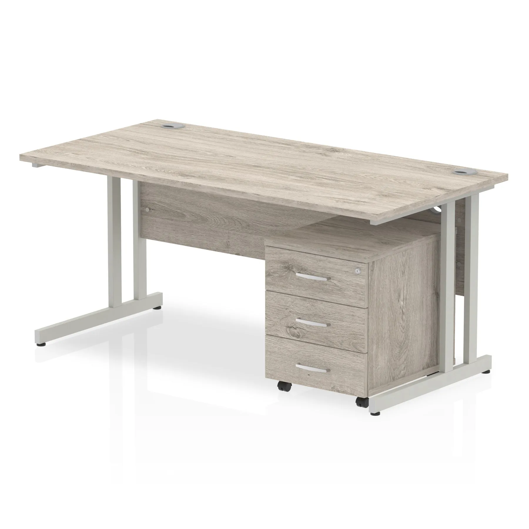 Impulse 1600mm Cantilever Straight Desk w/ Mobile Pedestal - MFC Rectangular, Self-Assembly, 5-Year Guarantee, Silver/White Frame, Lockable Drawers