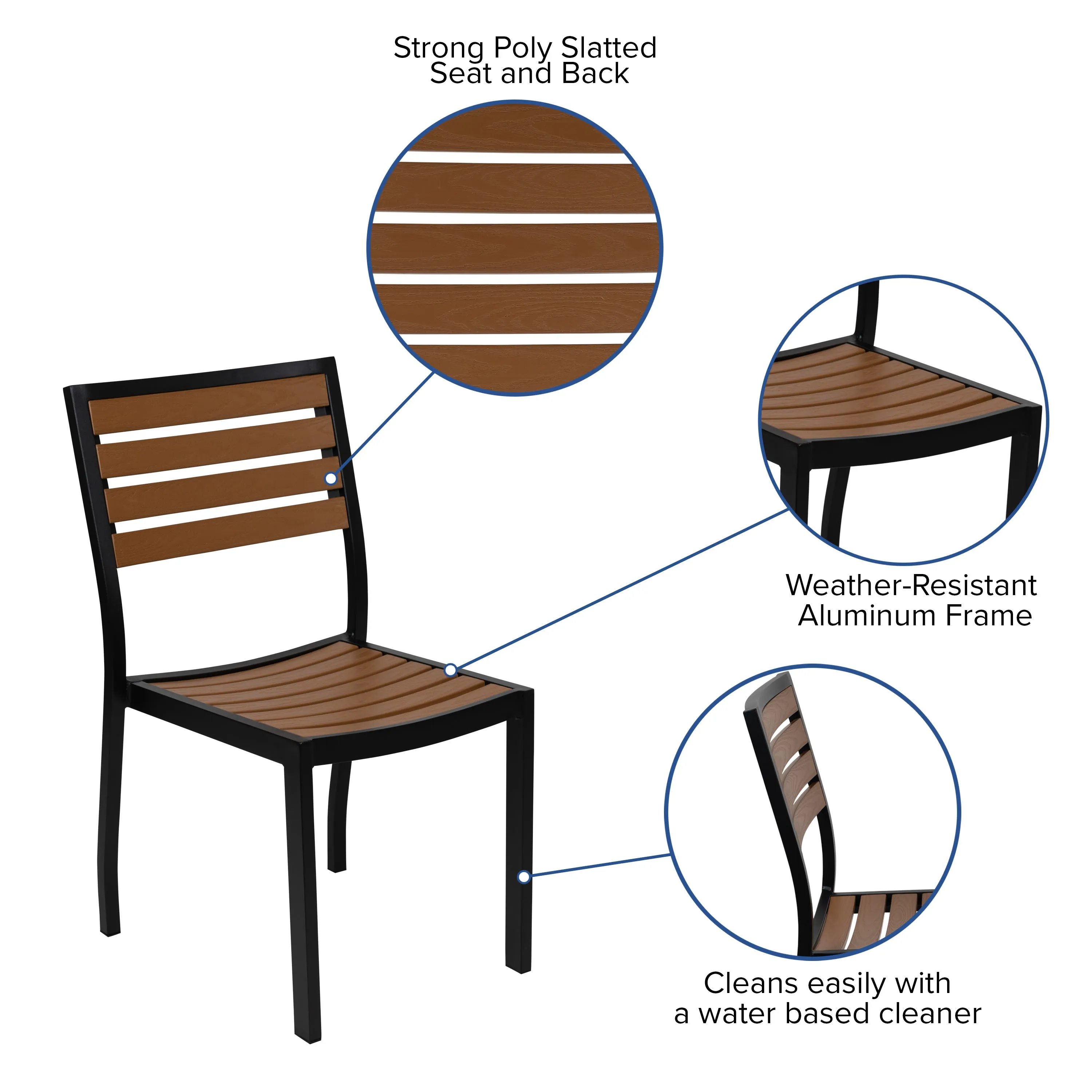 Lark Outdoor Patio Bistro Dining Table Set with 2 Chairs and Faux Teak Poly Slats