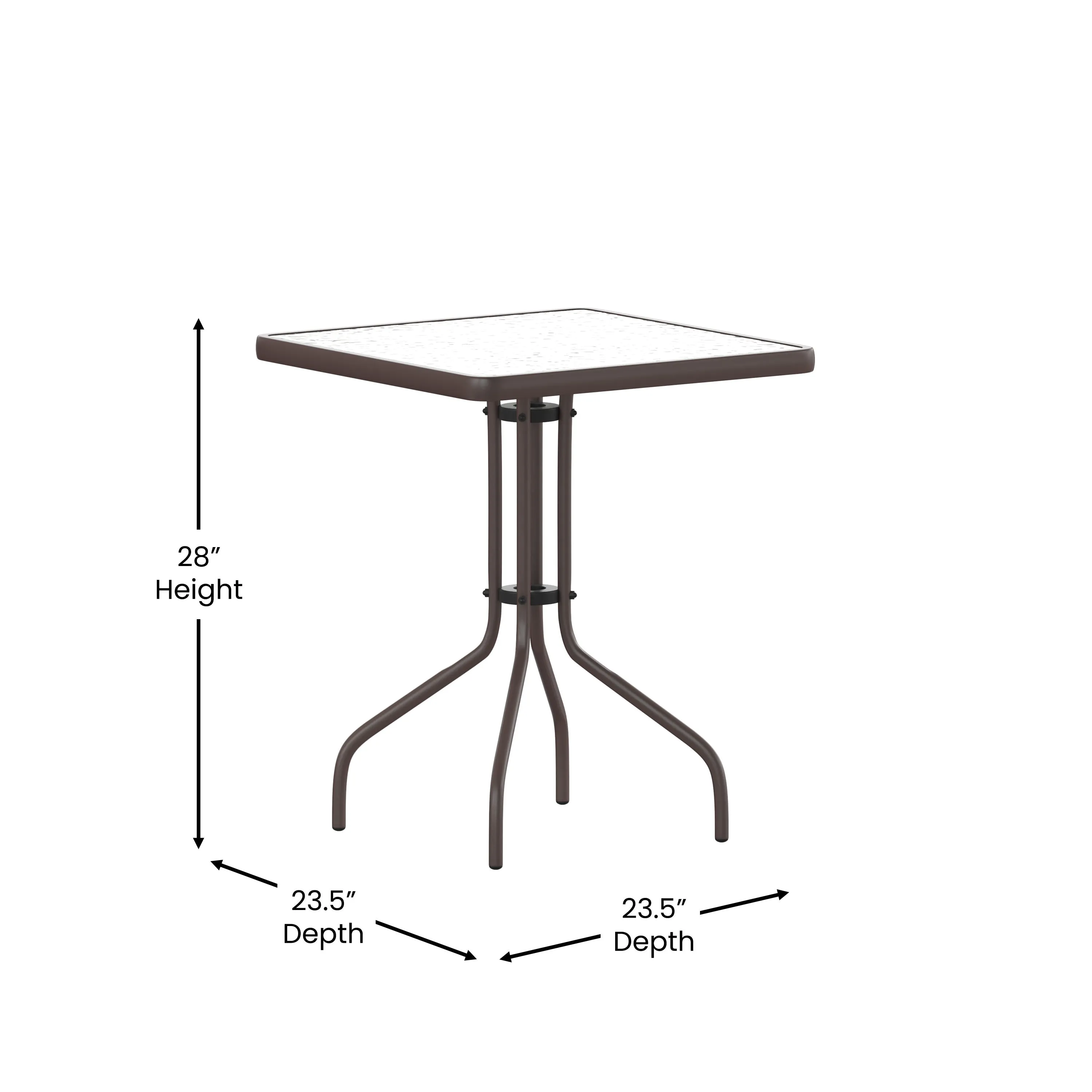 Lila 23.5'' Square Glass Metal Table with 2 Metal Aluminum Slat Stack Chairs