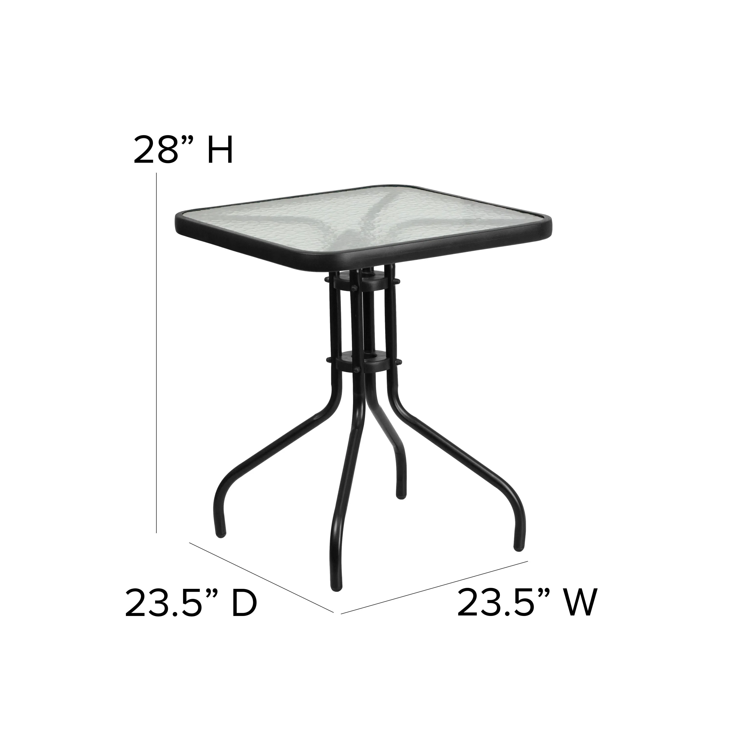 Lila 23.5'' Square Glass Metal Table with 2 Metal Aluminum Slat Stack Chairs