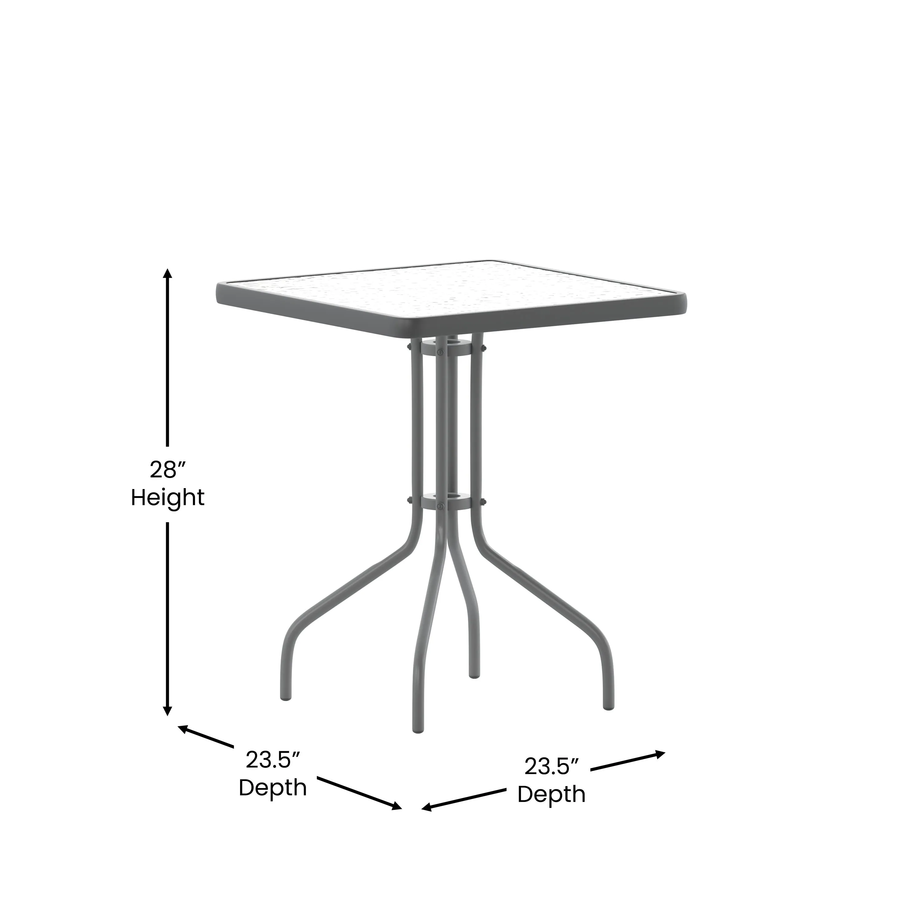 Lila 23.5'' Square Glass Metal Table with 2 Metal Aluminum Slat Stack Chairs