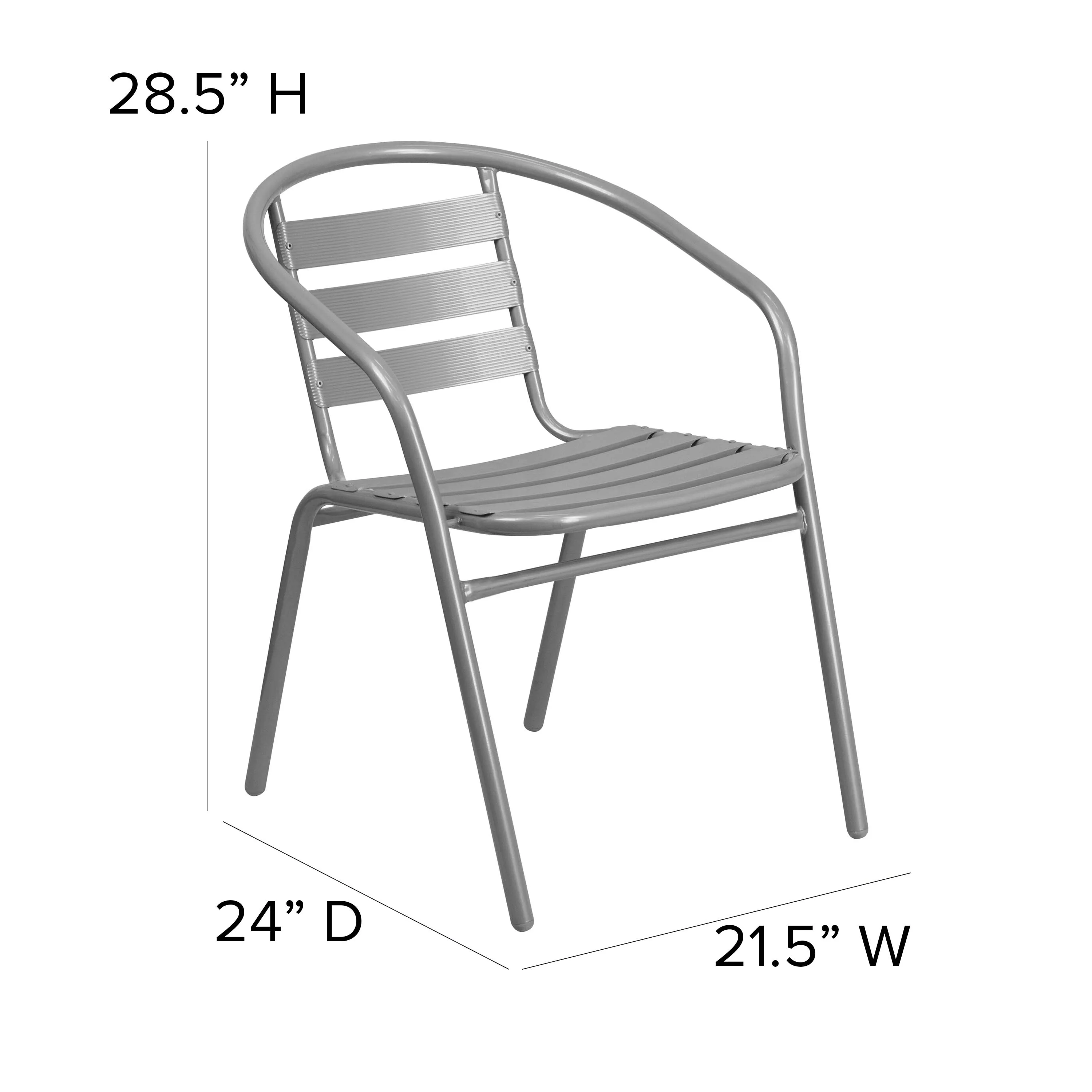 Lila 23.5'' Square Glass Metal Table with 2 Metal Aluminum Slat Stack Chairs