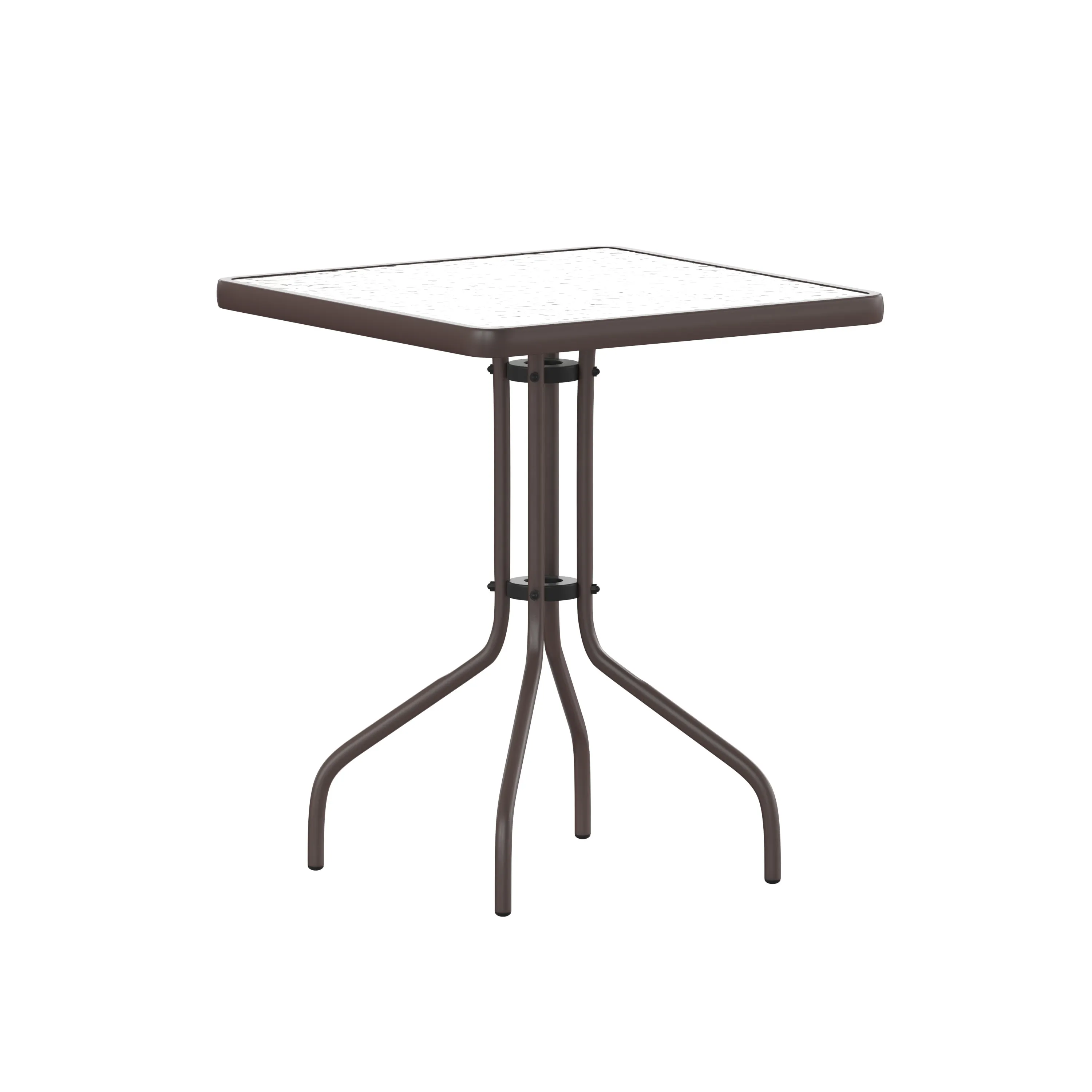 Lila 23.5'' Square Glass Metal Table with 2 Metal Aluminum Slat Stack Chairs