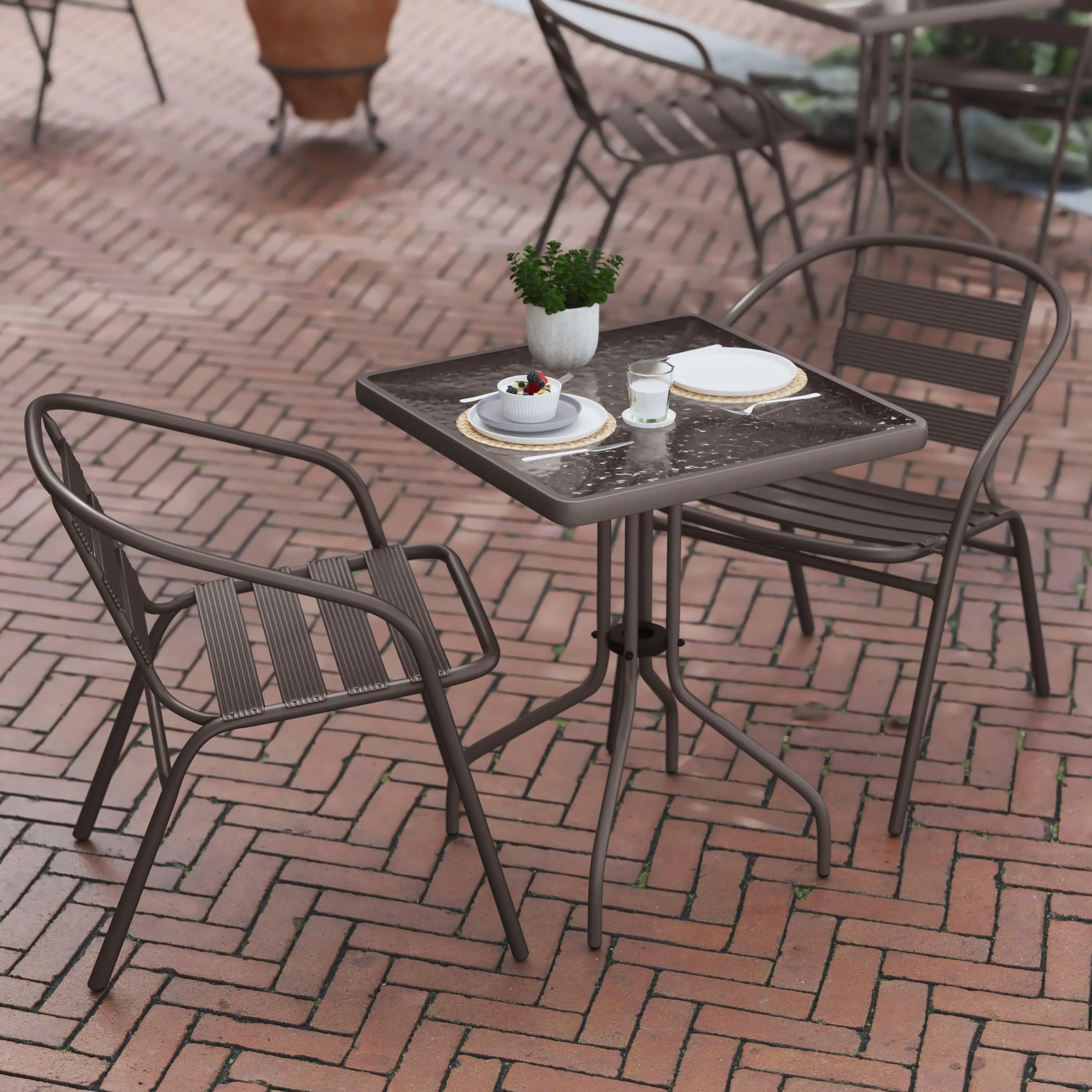 Lila 23.5'' Square Glass Metal Table with 2 Metal Aluminum Slat Stack Chairs