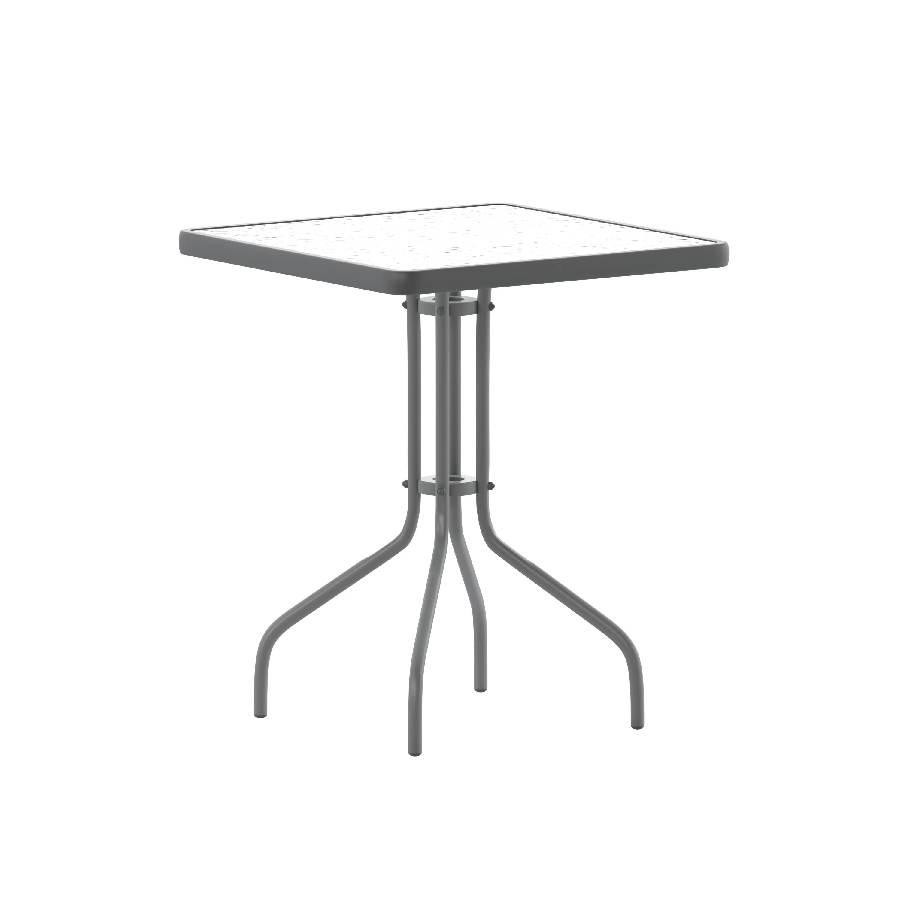 Lila 23.5'' Square Glass Metal Table with 2 Metal Aluminum Slat Stack Chairs