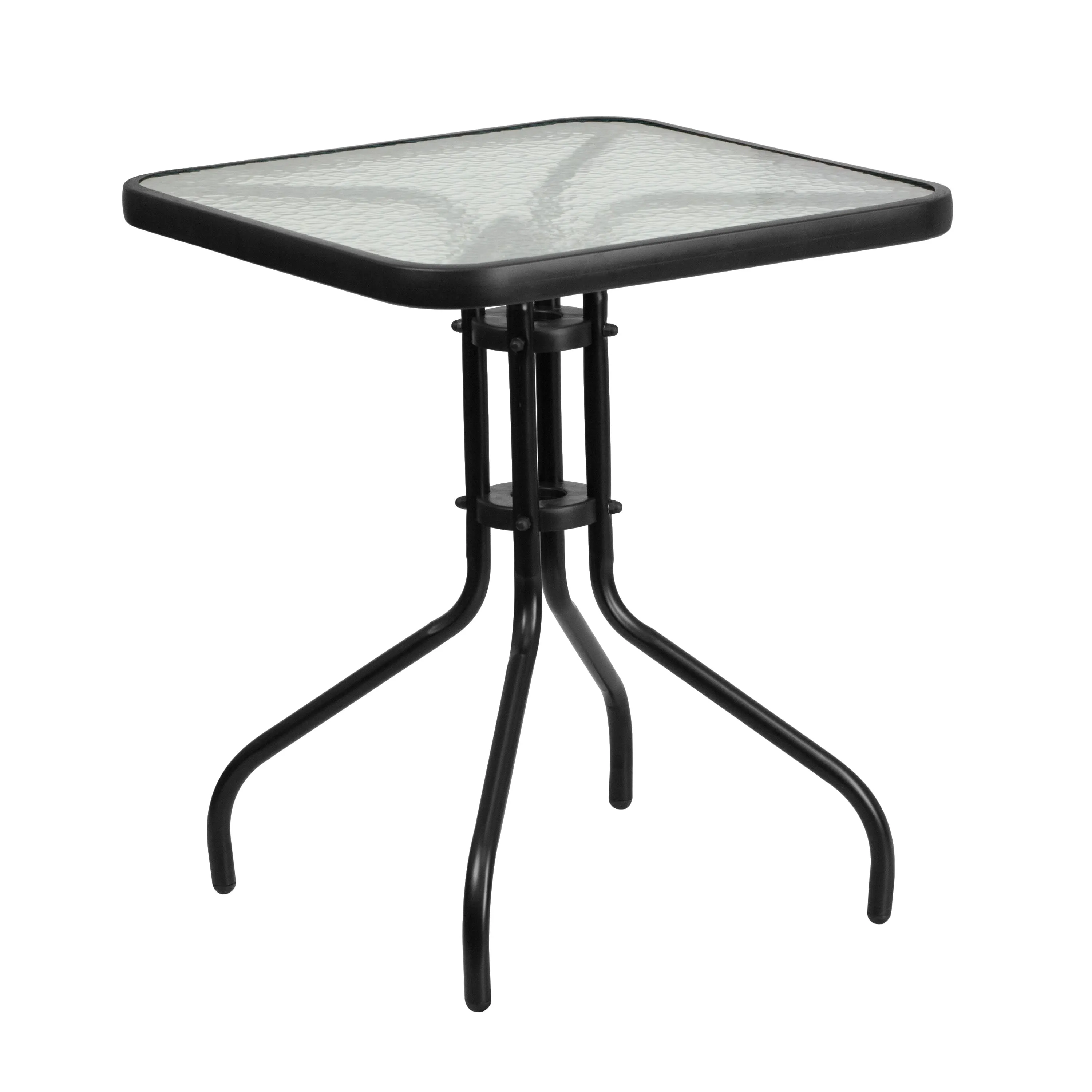 Lila 23.5'' Square Glass Metal Table with 2 Metal Aluminum Slat Stack Chairs