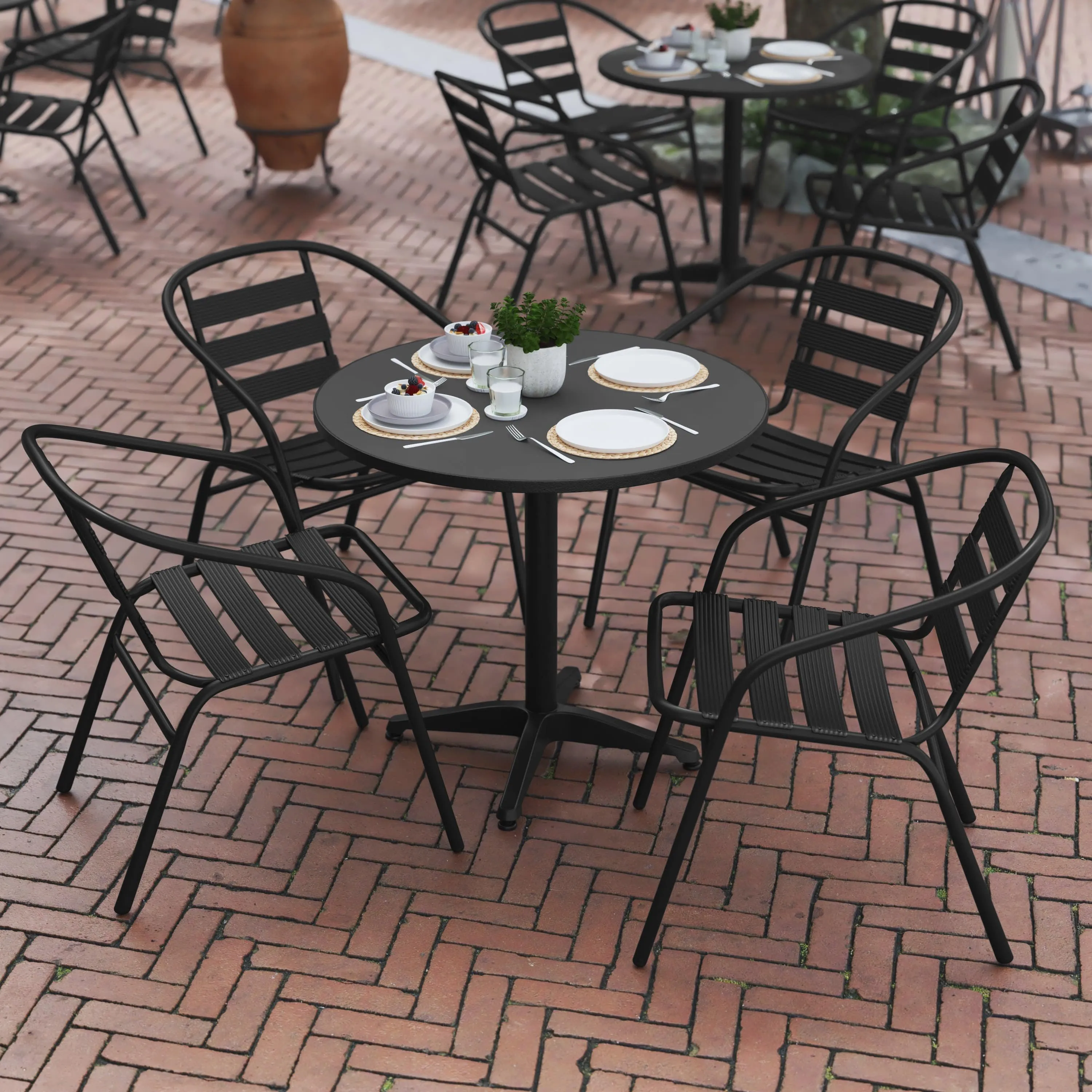 Lila 31.5'' Round Aluminum Indoor-Outdoor Table Set with 4 Slat Back Chairs