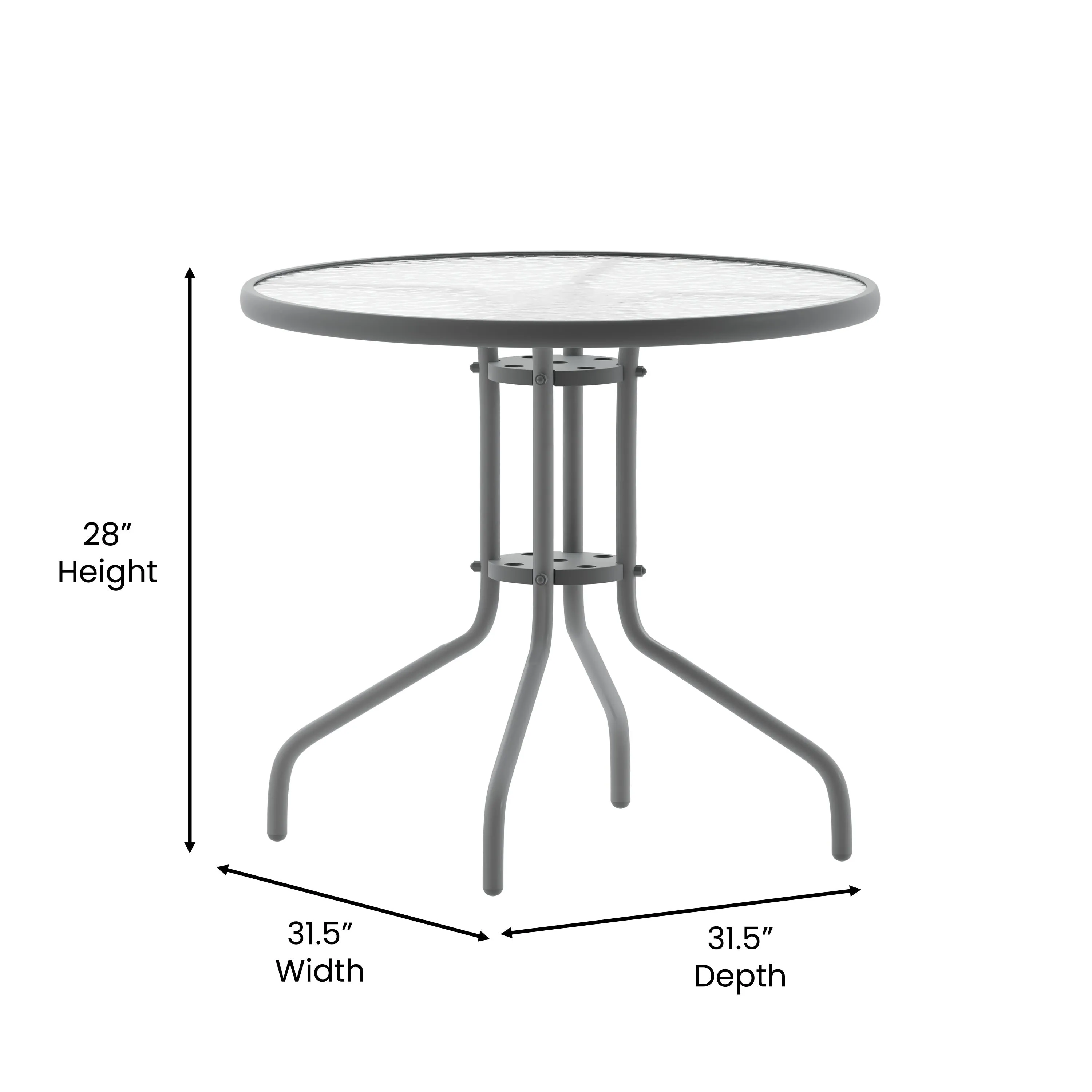 Lila 31.5'' Round Glass Metal Table with 4 Metal Aluminum Slat Stack Chairs