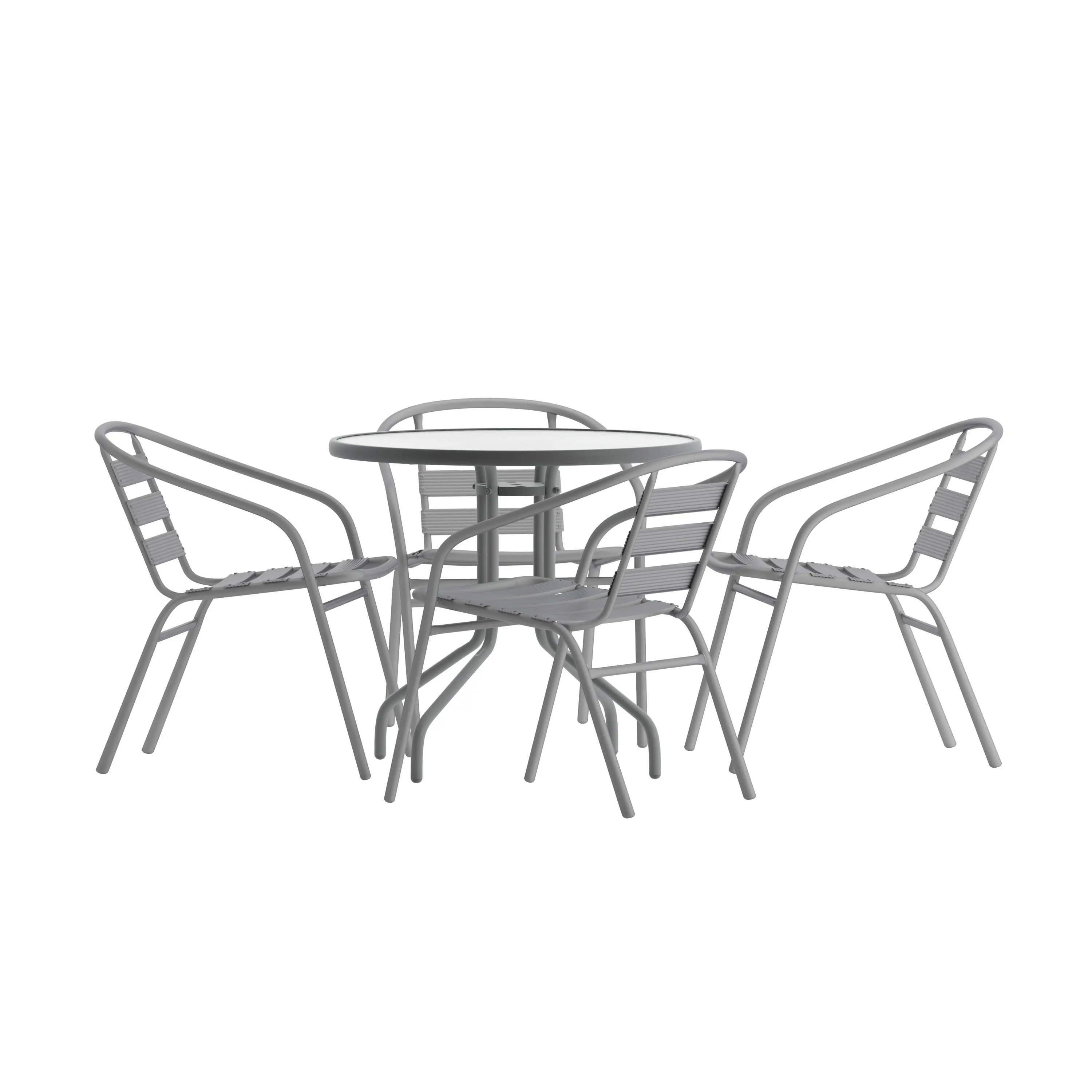 Lila 31.5'' Round Glass Metal Table with 4 Metal Aluminum Slat Stack Chairs