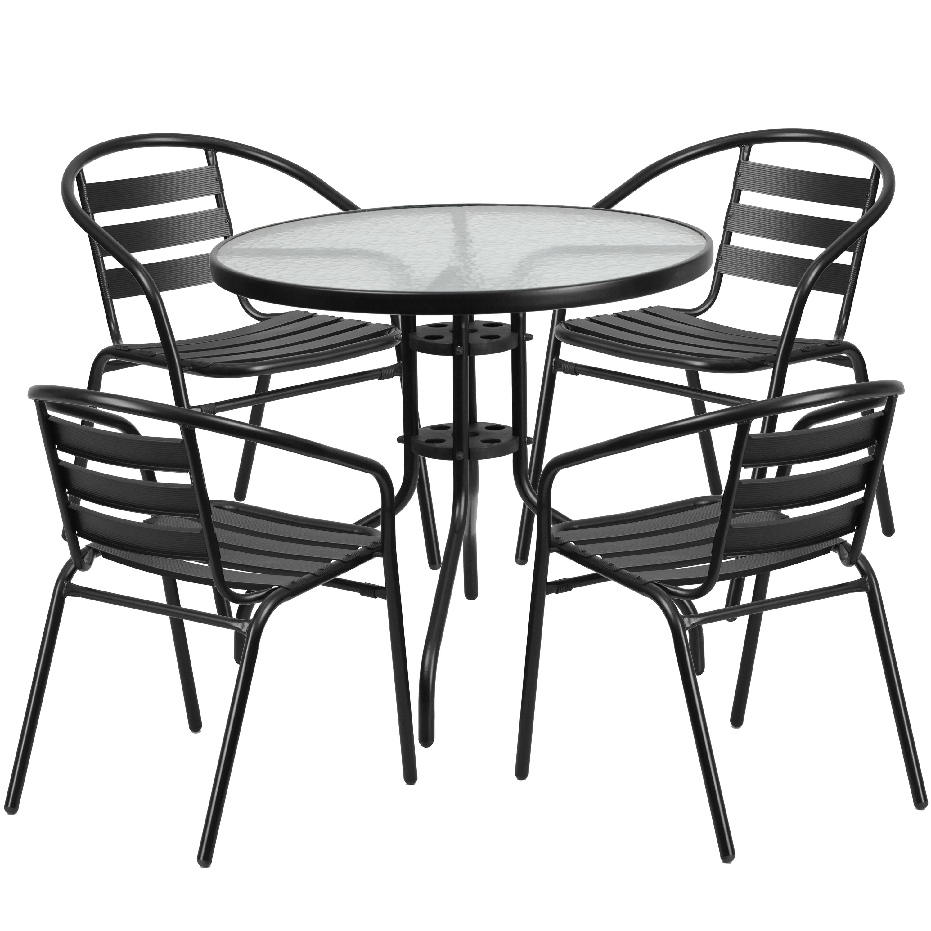 Lila 31.5'' Round Glass Metal Table with 4 Metal Aluminum Slat Stack Chairs