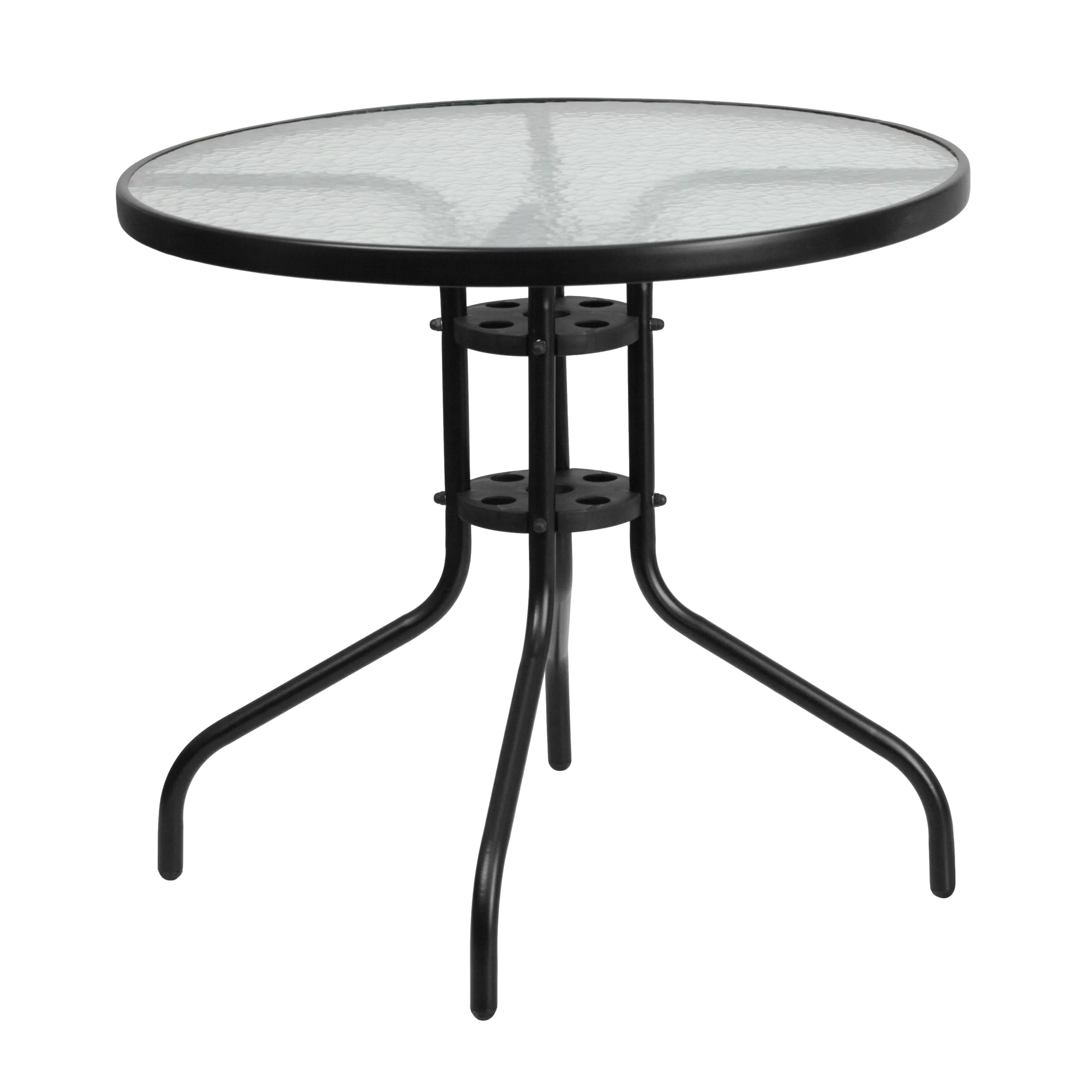 Lila 31.5'' Round Glass Metal Table with 4 Metal Aluminum Slat Stack Chairs