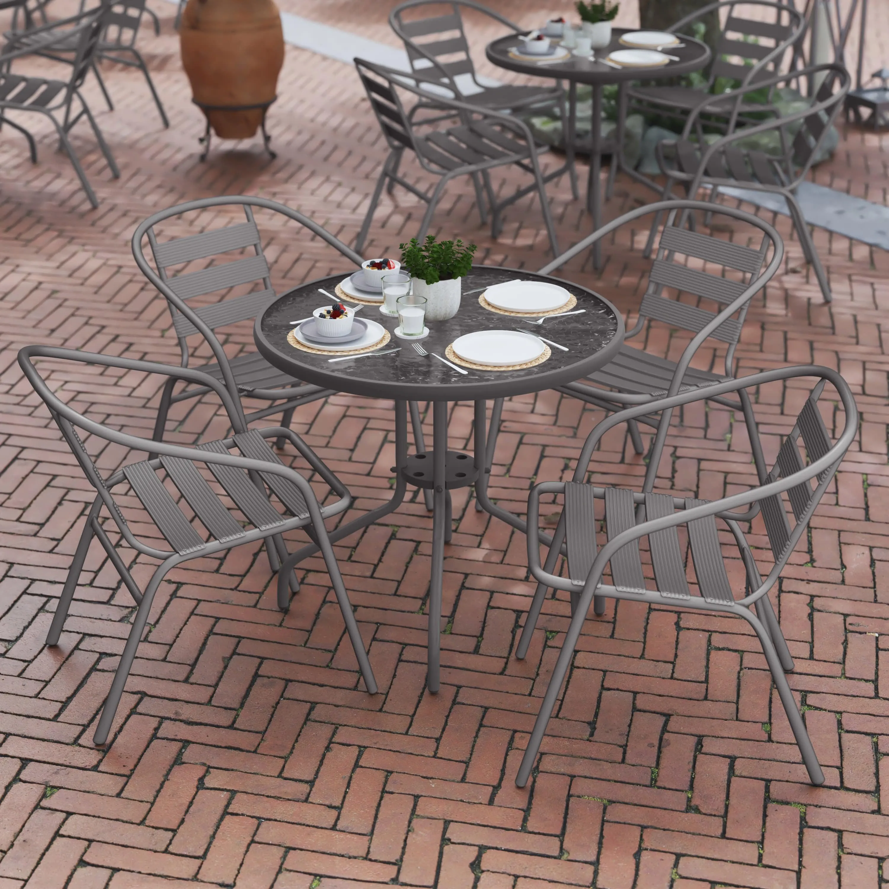 Lila 31.5'' Round Glass Metal Table with 4 Metal Aluminum Slat Stack Chairs