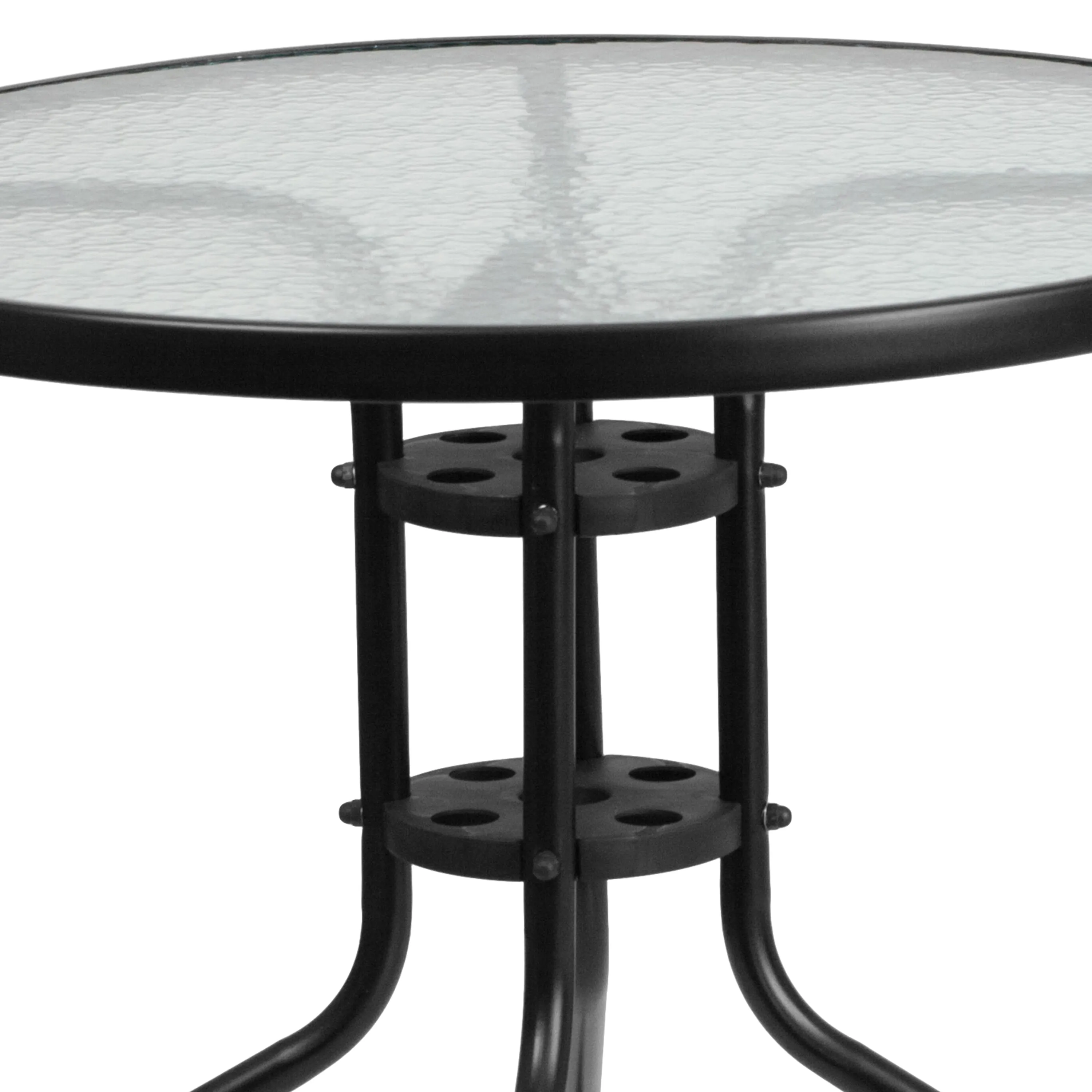 Lila 31.5'' Round Glass Metal Table with 4 Metal Aluminum Slat Stack Chairs