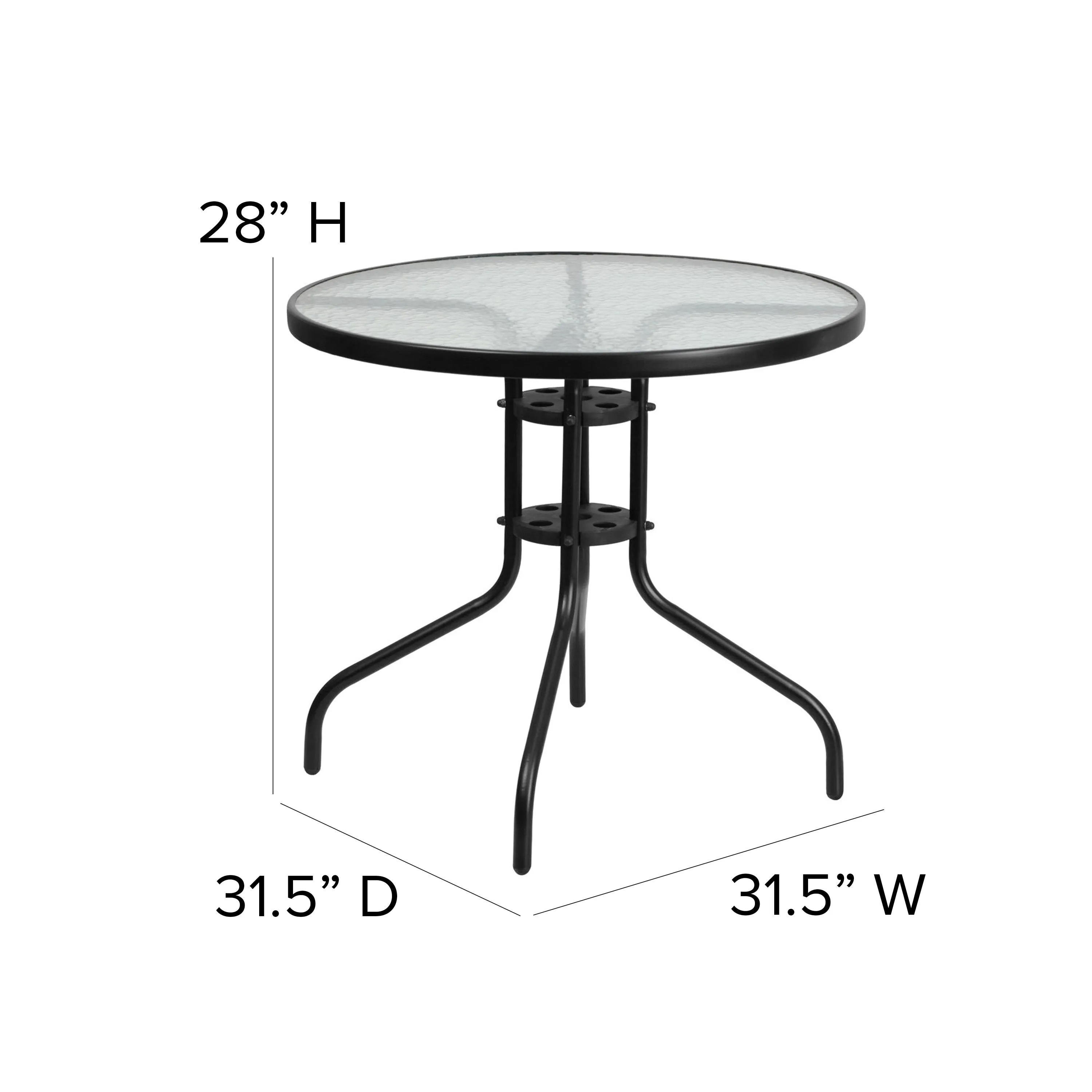 Lila 31.5'' Round Glass Metal Table with 4 Metal Aluminum Slat Stack Chairs