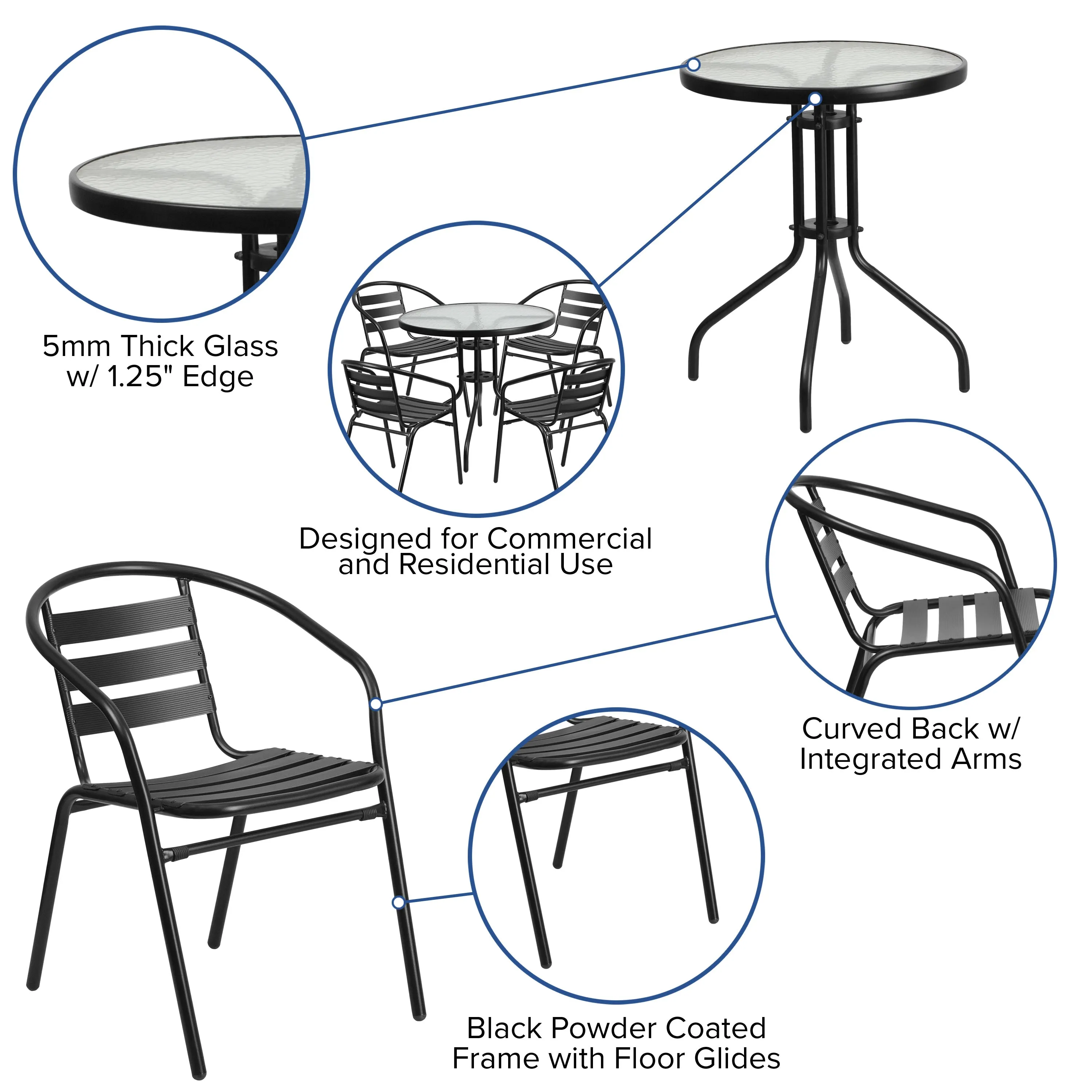 Lila 31.5'' Round Glass Metal Table with 4 Metal Aluminum Slat Stack Chairs