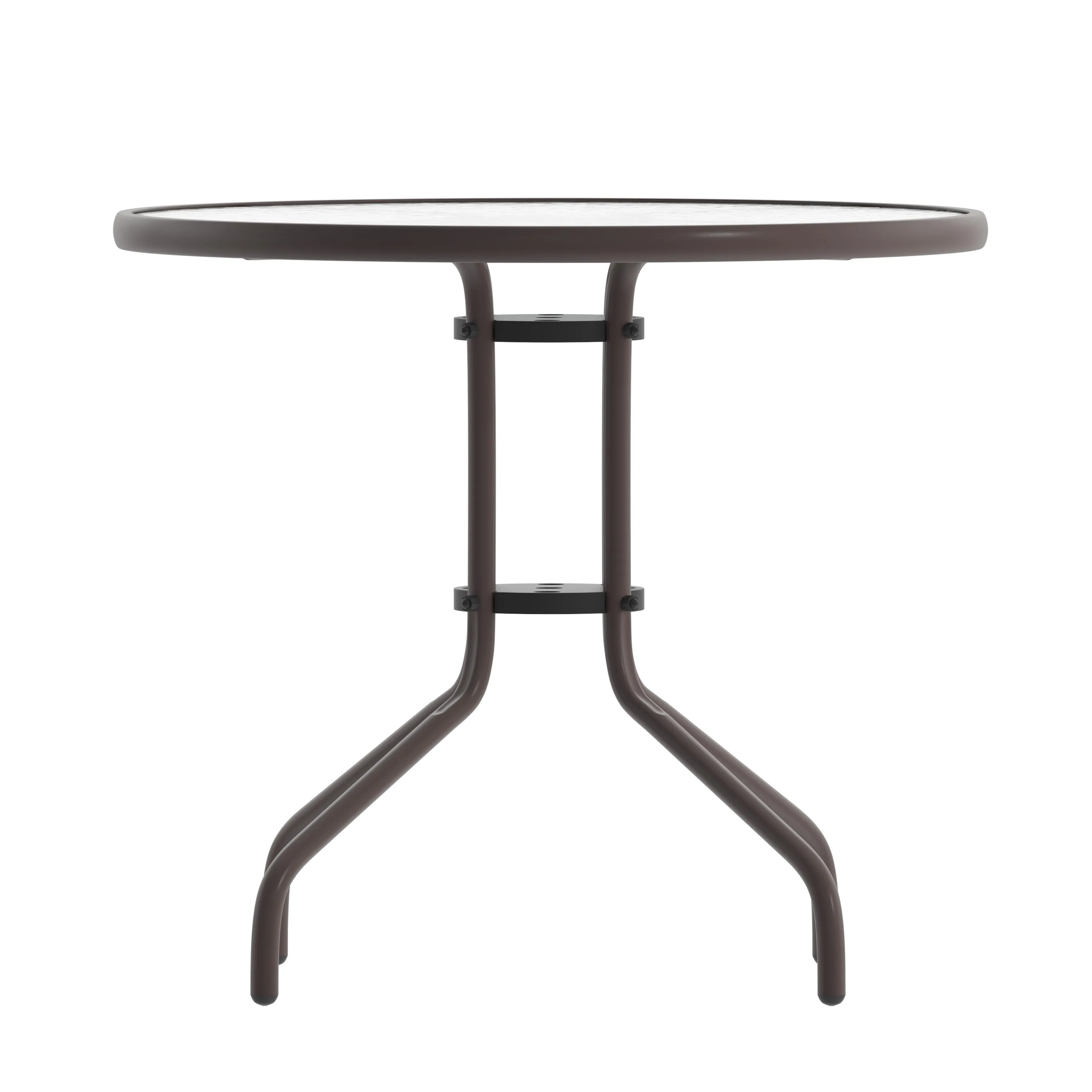 Lila 31.5'' Round Glass Metal Table with 4 Metal Aluminum Slat Stack Chairs