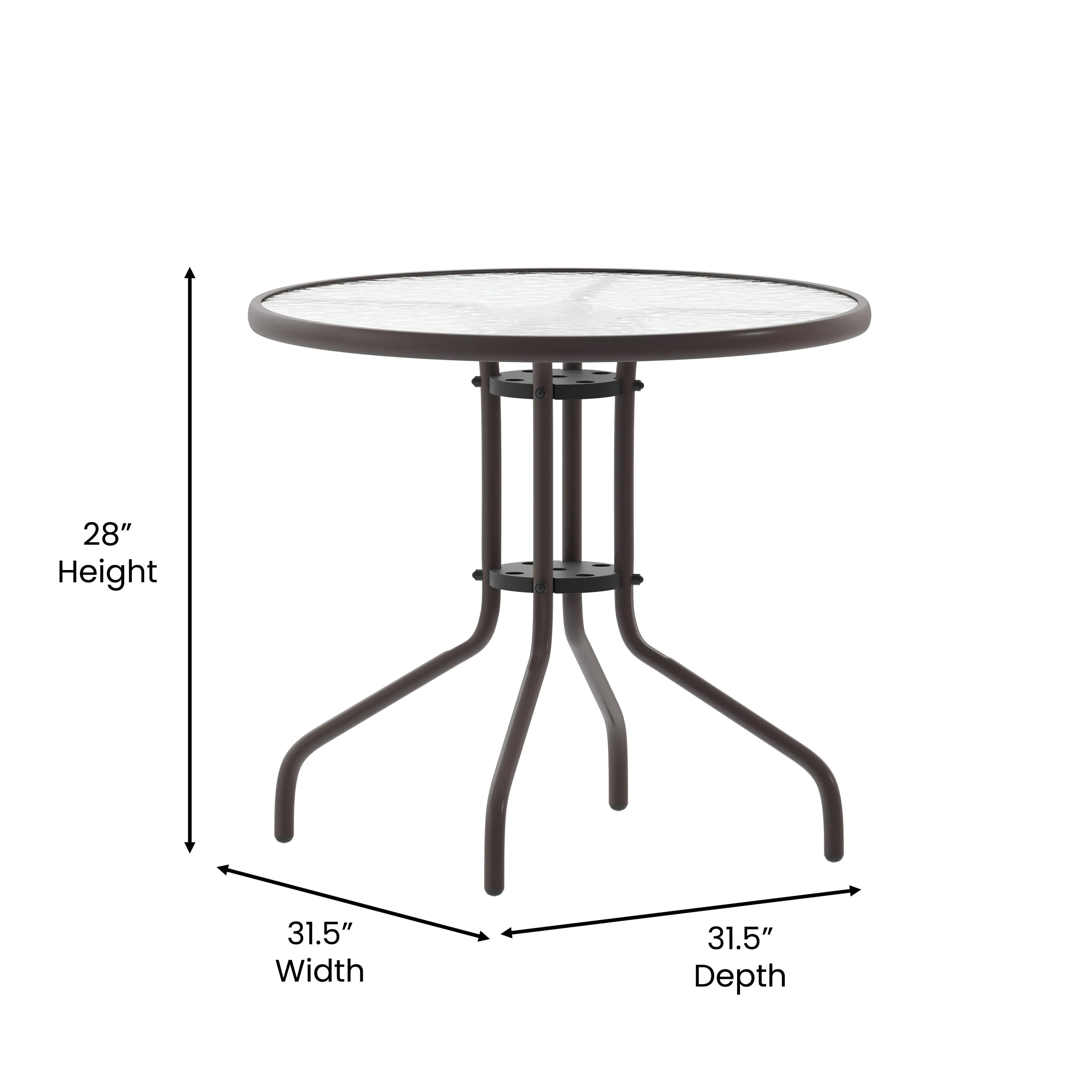 Lila 31.5'' Round Glass Metal Table with 4 Metal Aluminum Slat Stack Chairs