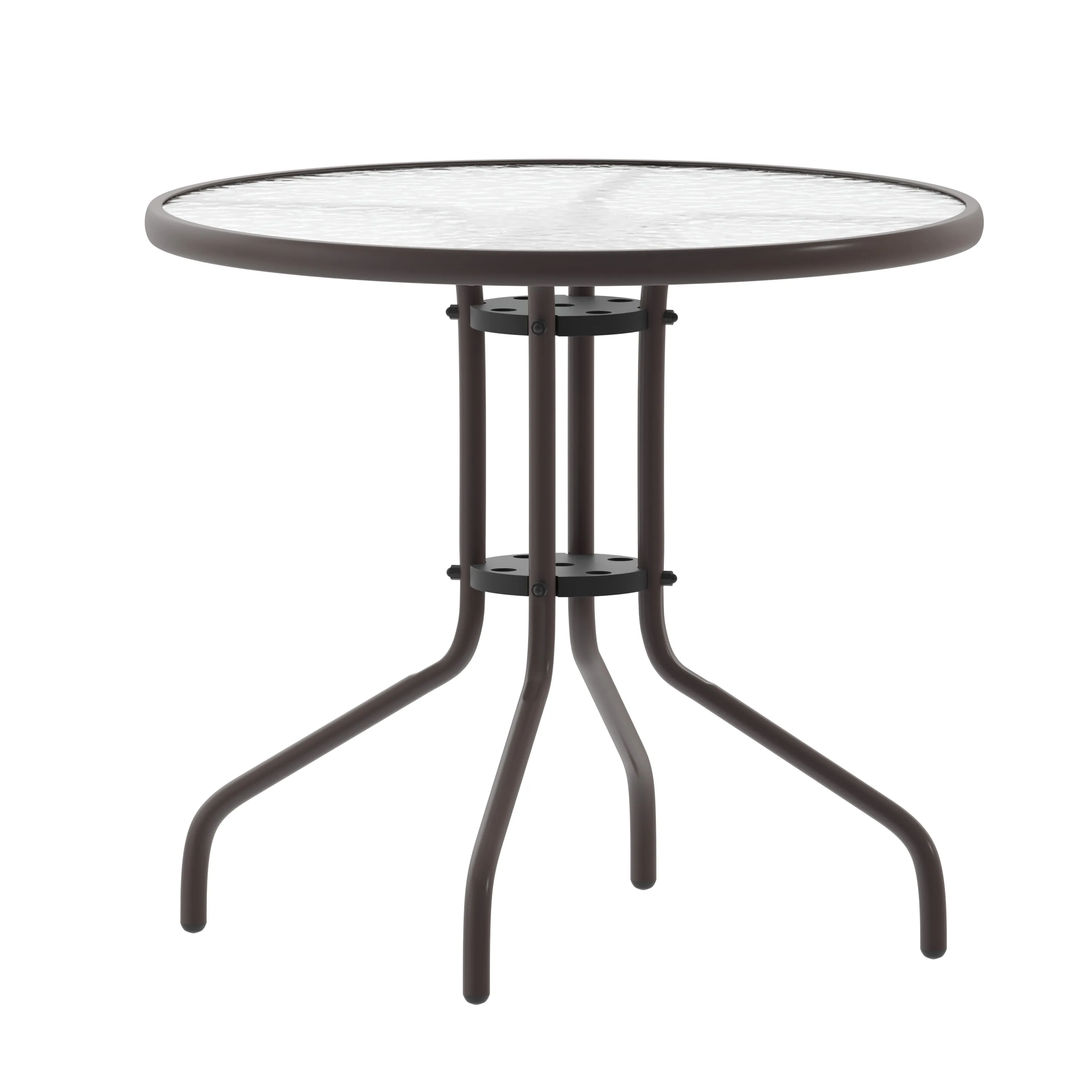 Lila 31.5'' Round Glass Metal Table with 4 Metal Aluminum Slat Stack Chairs