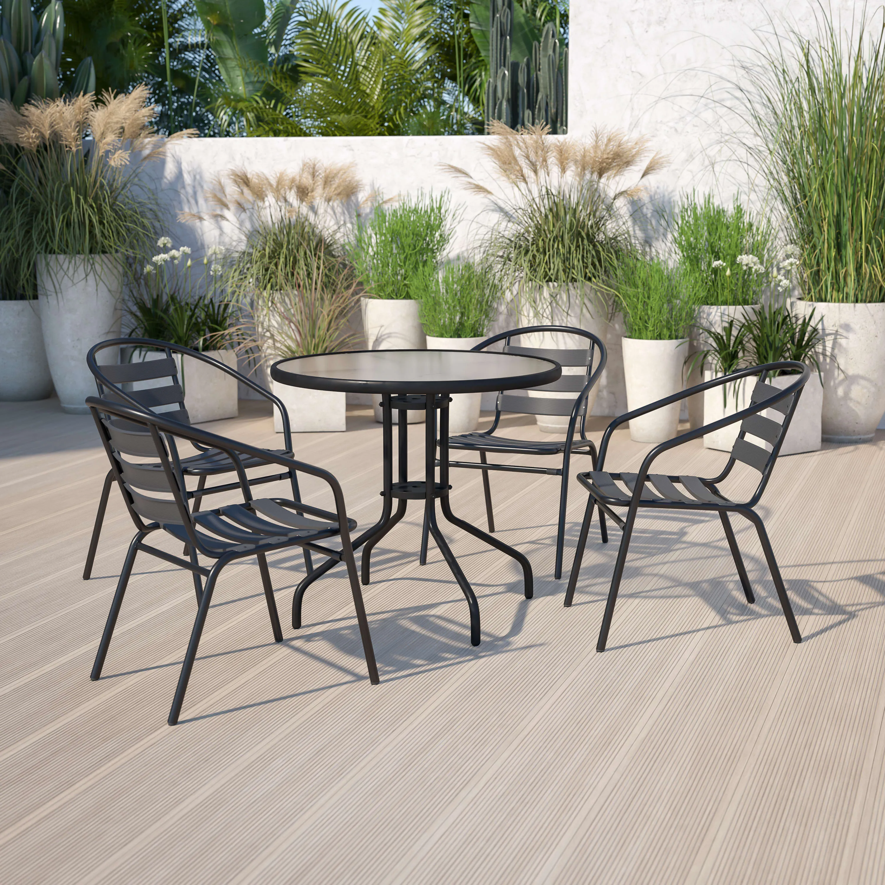 Lila 31.5'' Round Glass Metal Table with 4 Metal Aluminum Slat Stack Chairs