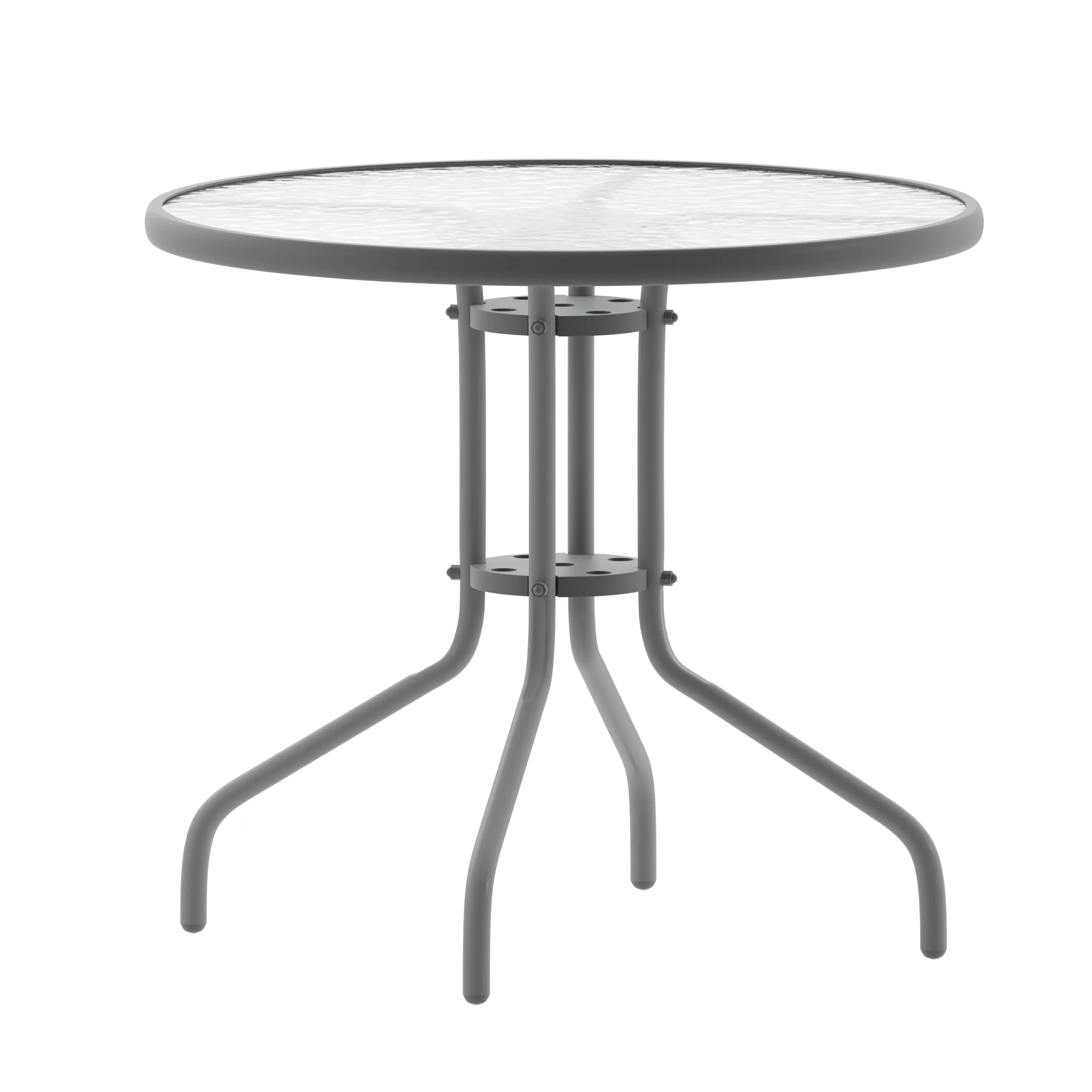 Lila 31.5'' Round Glass Metal Table with 4 Metal Aluminum Slat Stack Chairs