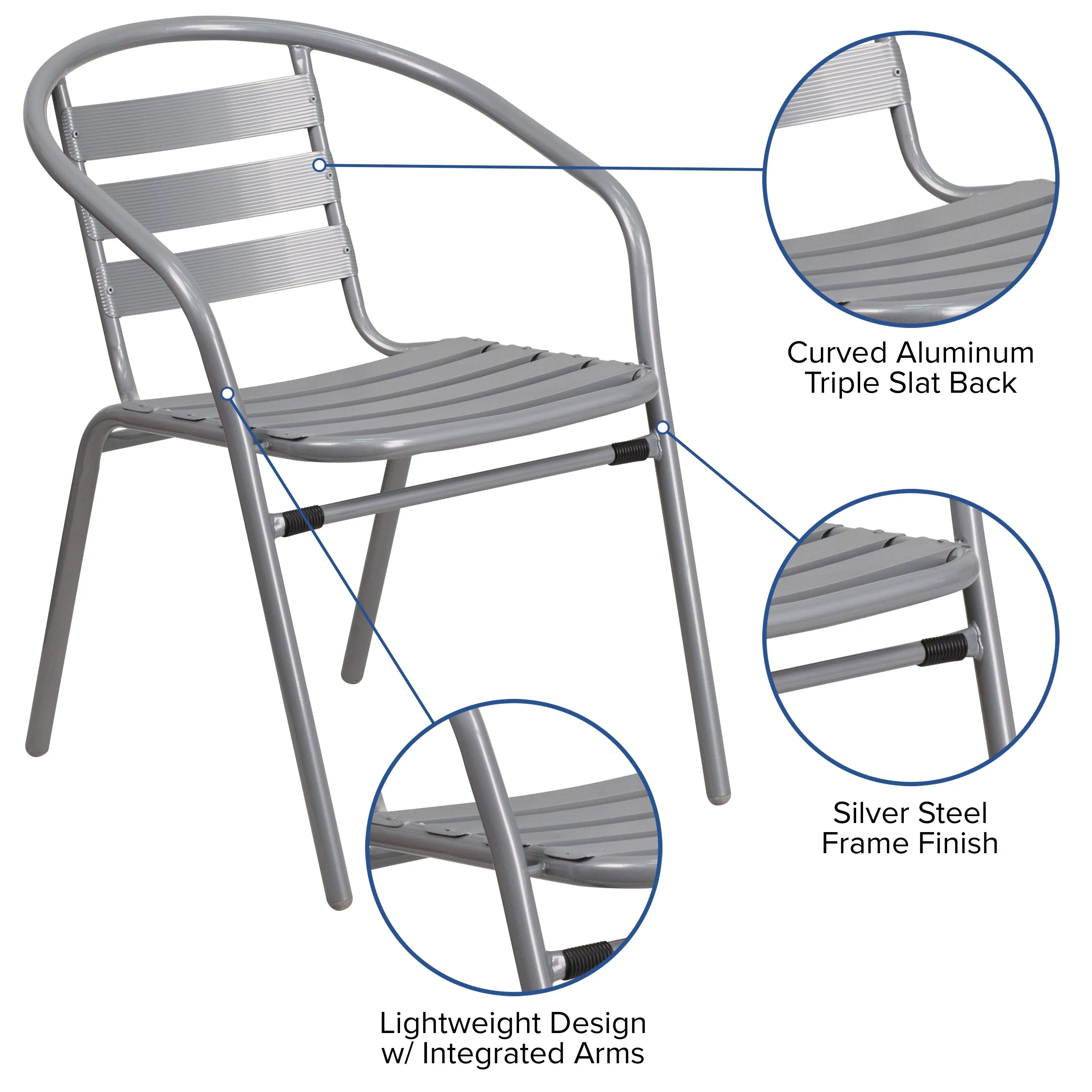 Lila 31.5'' Round Glass Metal Table with 4 Metal Aluminum Slat Stack Chairs