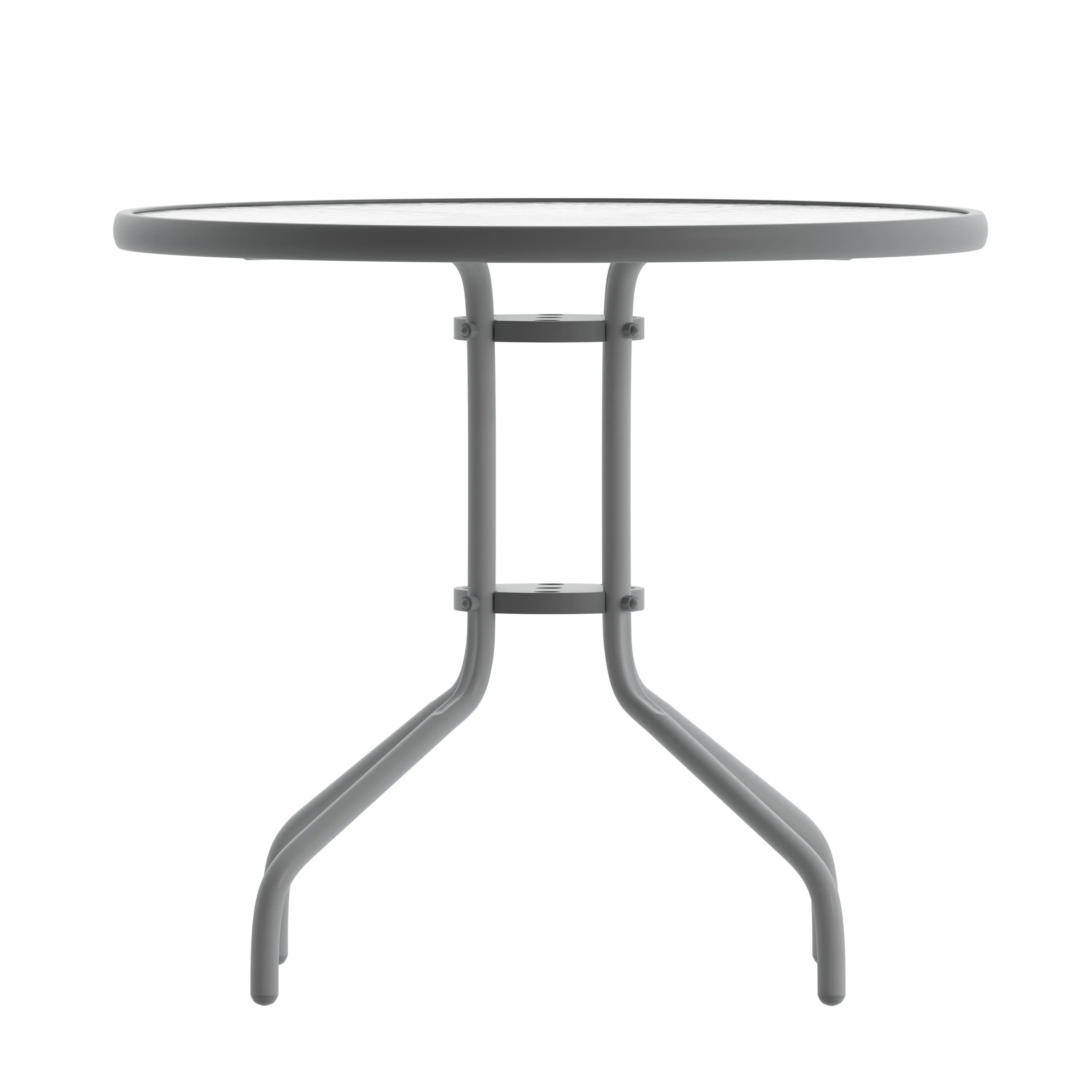 Lila 31.5'' Round Glass Metal Table with 4 Metal Aluminum Slat Stack Chairs