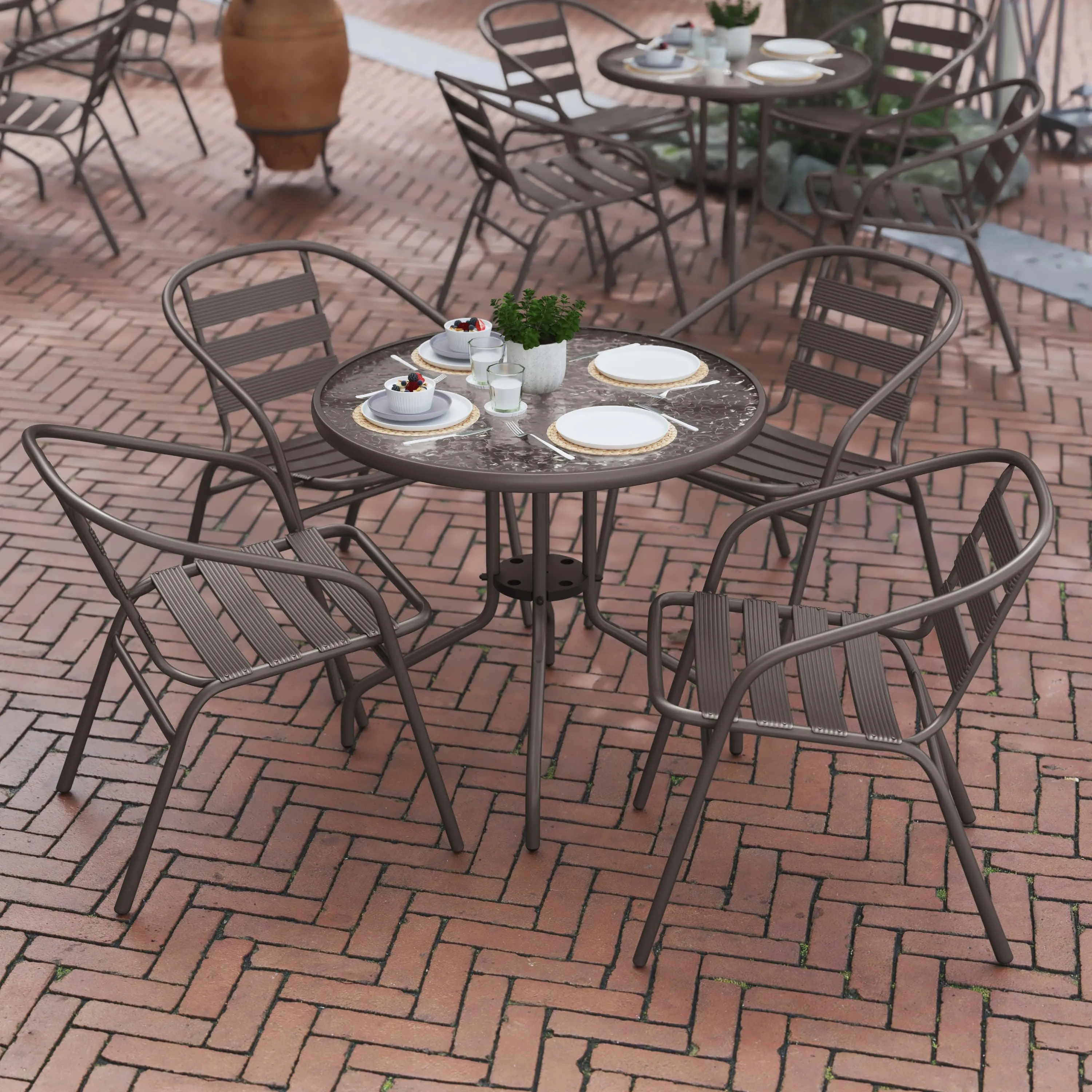 Lila 31.5'' Round Glass Metal Table with 4 Metal Aluminum Slat Stack Chairs