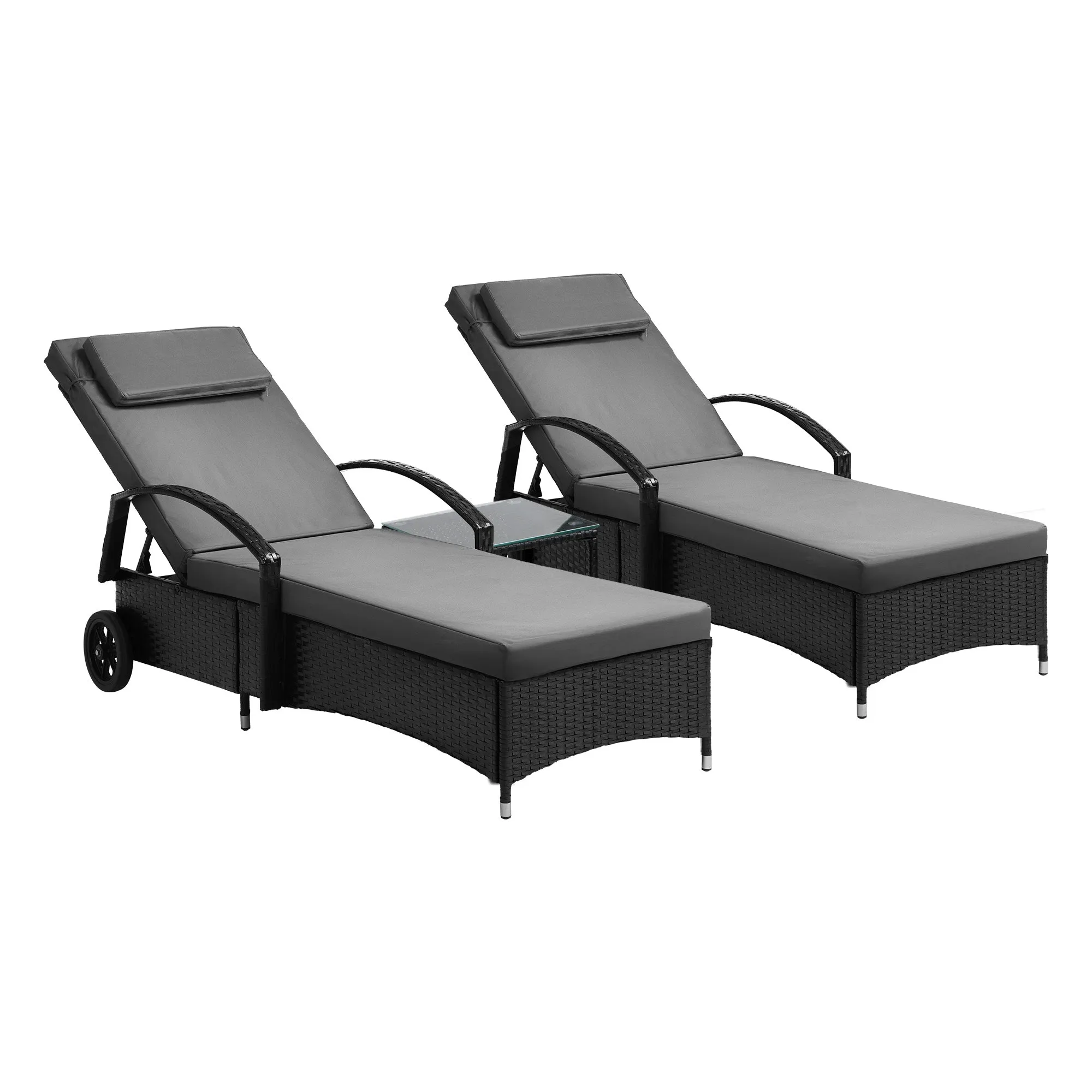 Livsip 2x Wheeled Sun Lounger Day Bed & Table Outdoor Setting Patio Furniture