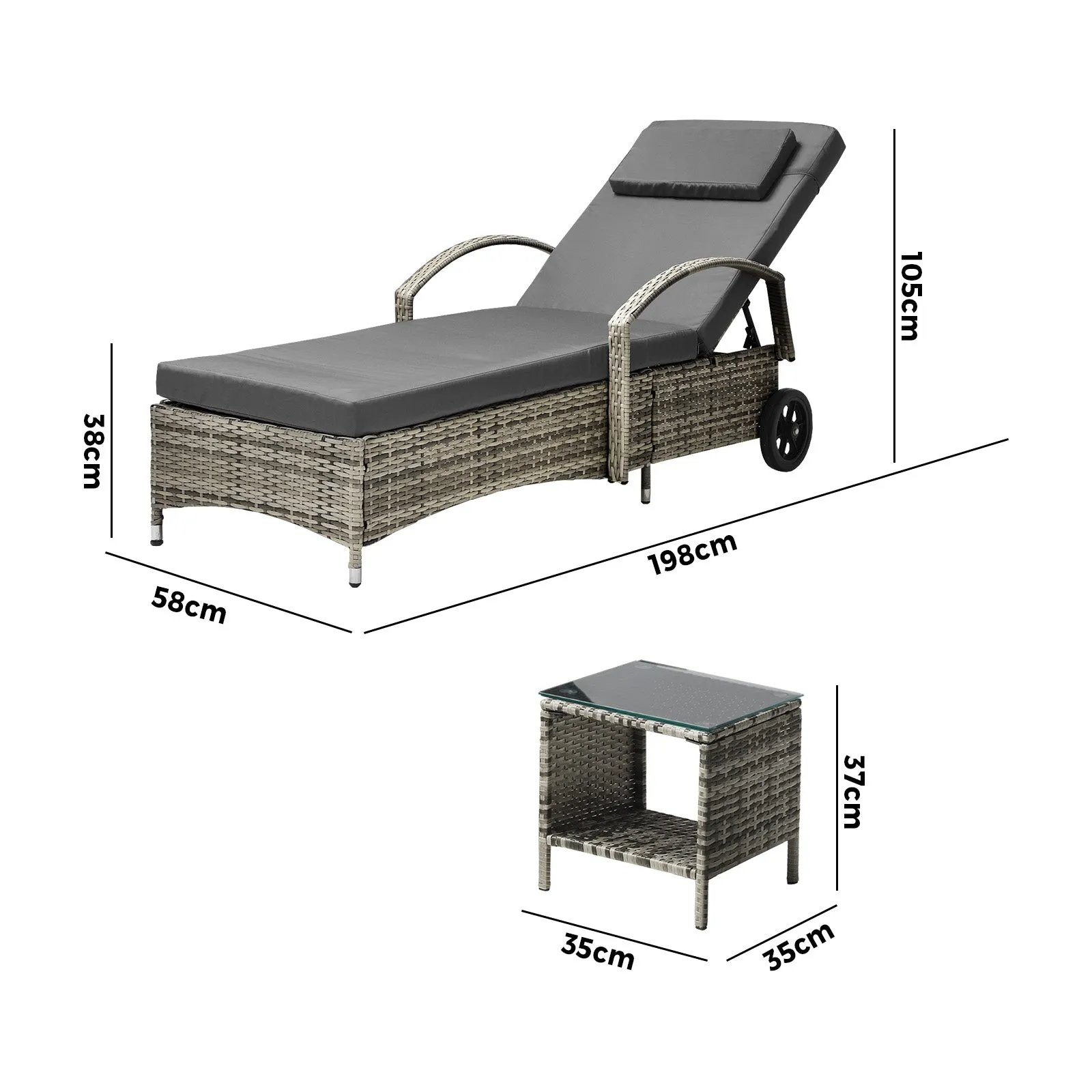 Livsip 2x Wheeled Sun Lounger Day Bed W/ Table Outdoor Setting Patio Furniture