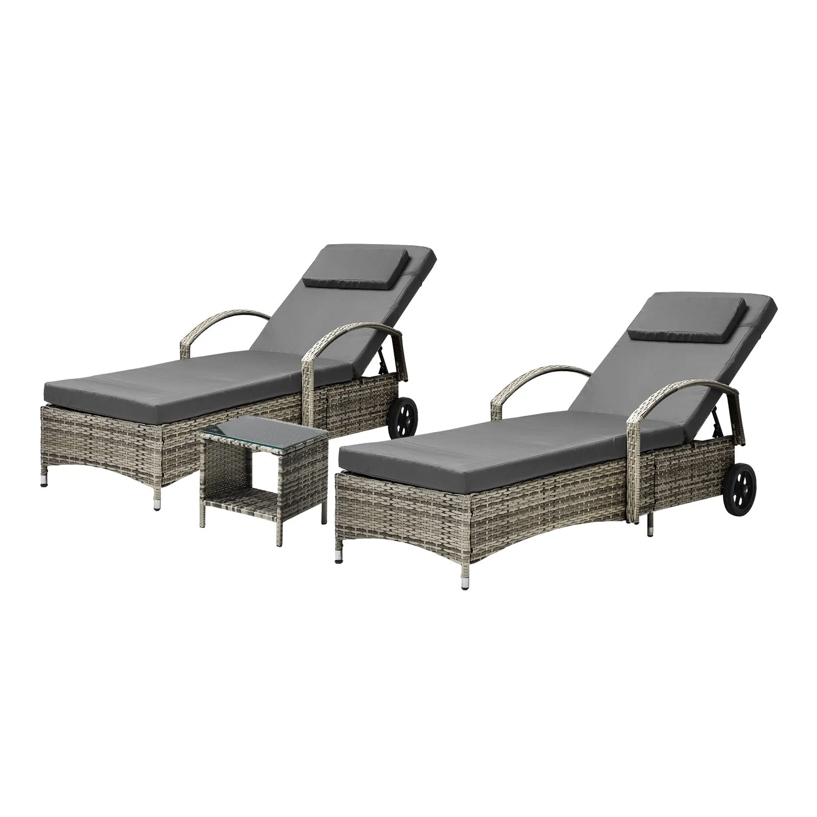 Livsip 2x Wheeled Sun Lounger Day Bed W/ Table Outdoor Setting Patio Furniture