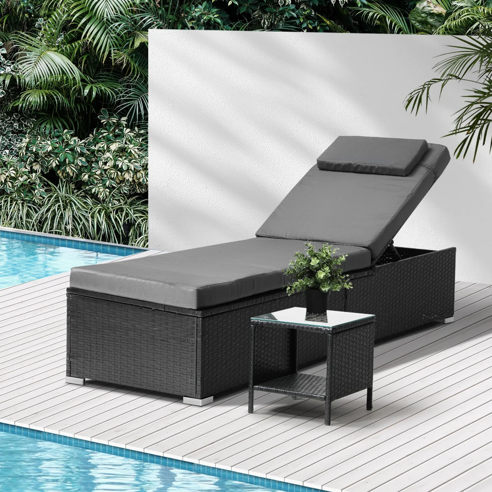 Livsip Sun Lounger Wicker Lounge Day Bed Table Outdoor Setting Patio Furniture