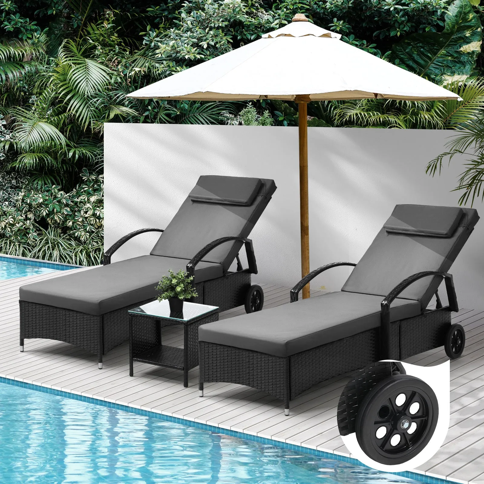 Livsip Sun Lounger Wicker Lounge Day Bed Table Outdoor Setting Patio Furniture