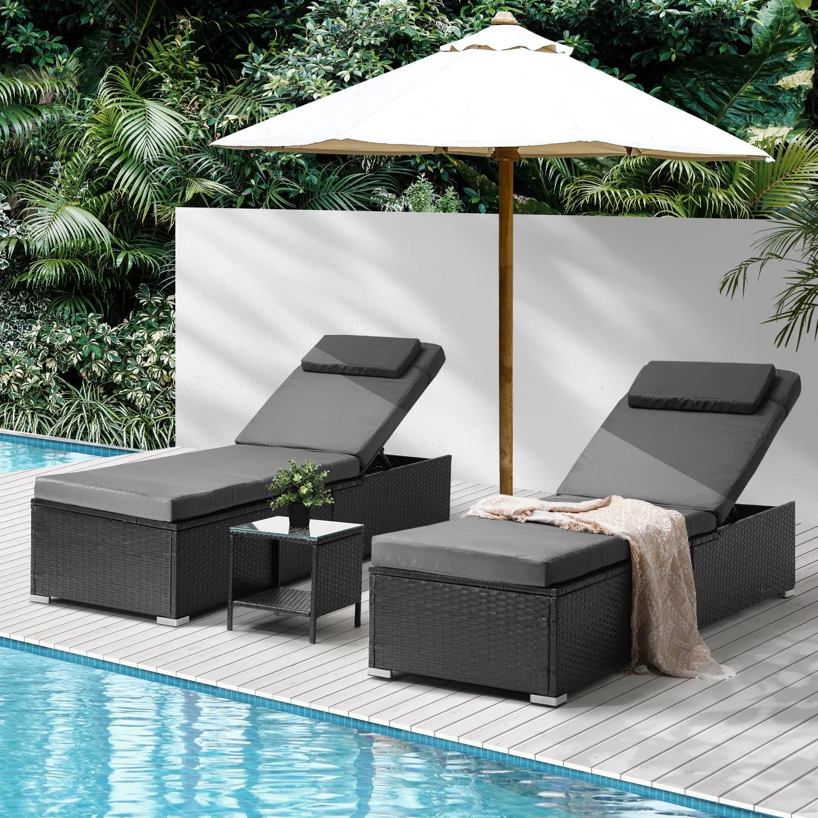 Livsip Sun Lounger Wicker Lounge Day Bed Table Outdoor Setting Patio Furniture