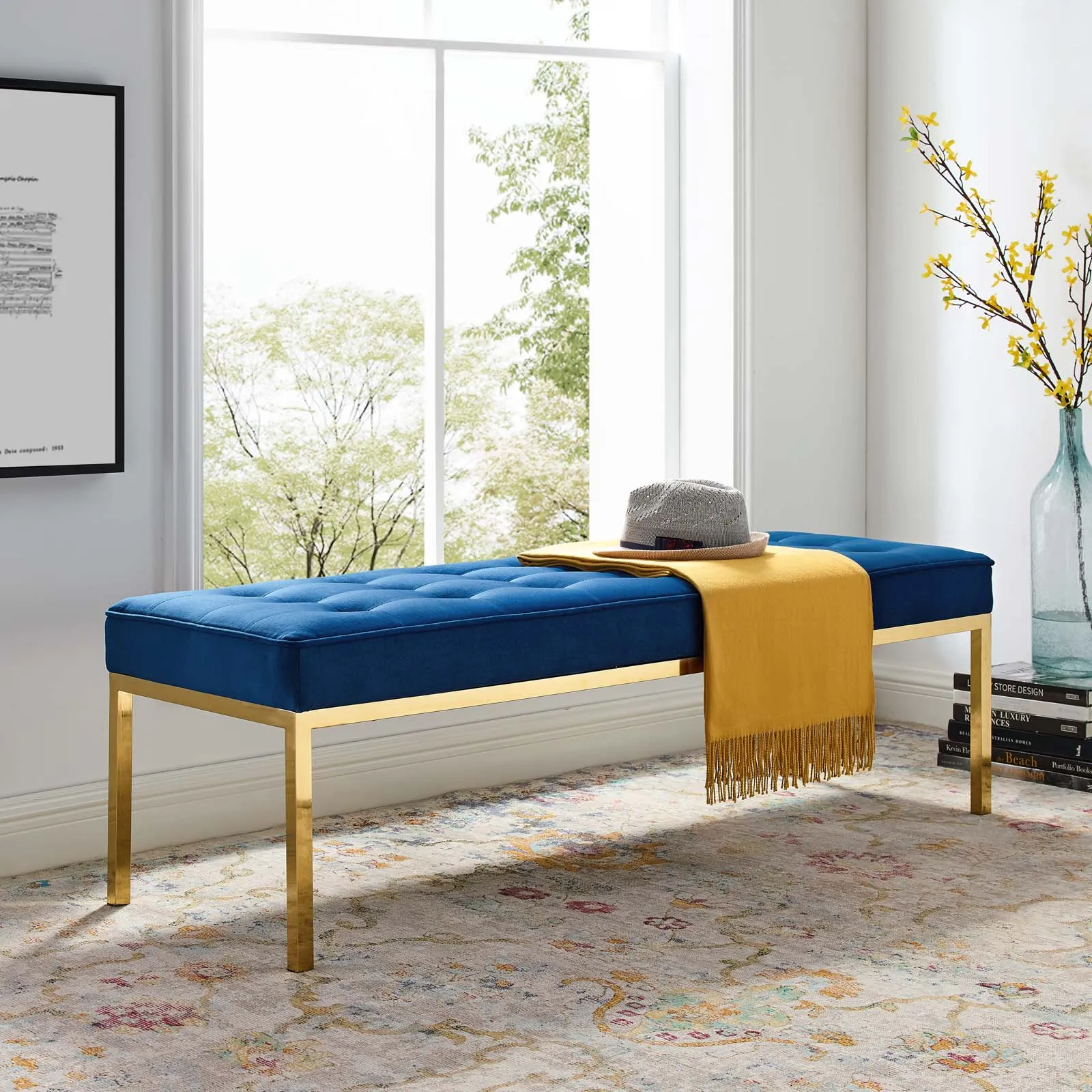 Loft Gold Stainless Steel Leg Large Performance Velvet Bench