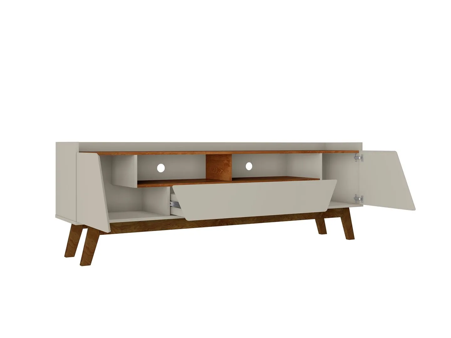 Manhattan Comfort Mid-Century Modern Marcus 70.86 TV Stand with Solid Wood Legs in Greige and Nature