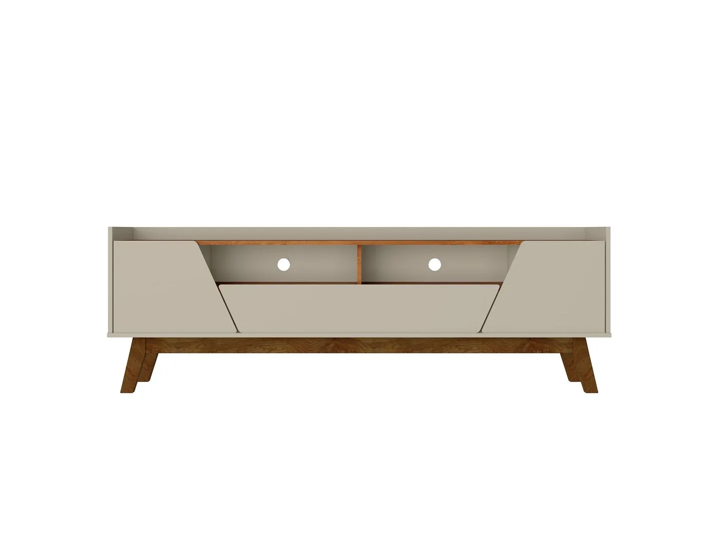 Manhattan Comfort Mid-Century Modern Marcus 70.86 TV Stand with Solid Wood Legs in Greige and Nature