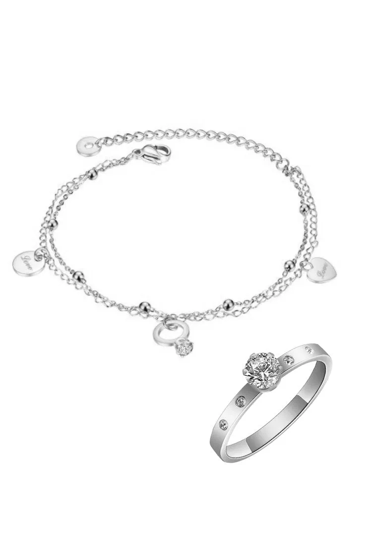 Marry Ring Bracelet with Arwen CZ Solitaire Single Band Ring Gift Bundle