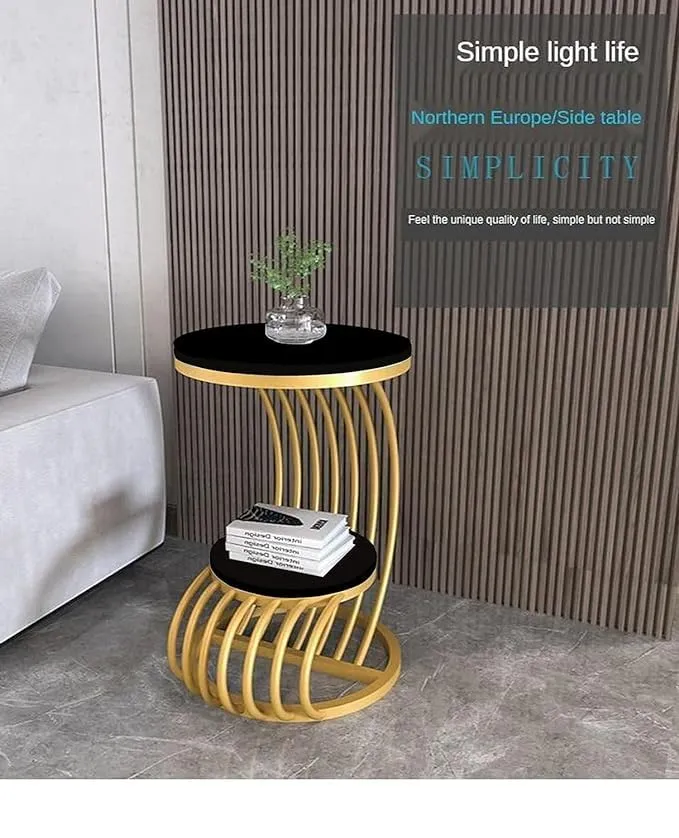 Metal Bed Side Round Table with Golden Metal Base and Black Wooden Top C Table for Living Room Bedroom Home Office Snack Coffee Patio Side Table