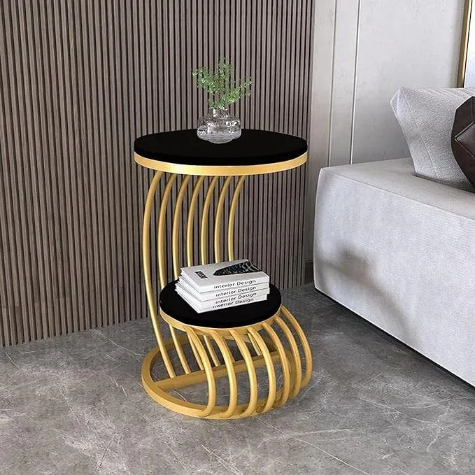 Metal Bed Side Round Table with Golden Metal Base and Black Wooden Top C Table for Living Room Bedroom Home Office Snack Coffee Patio Side Table