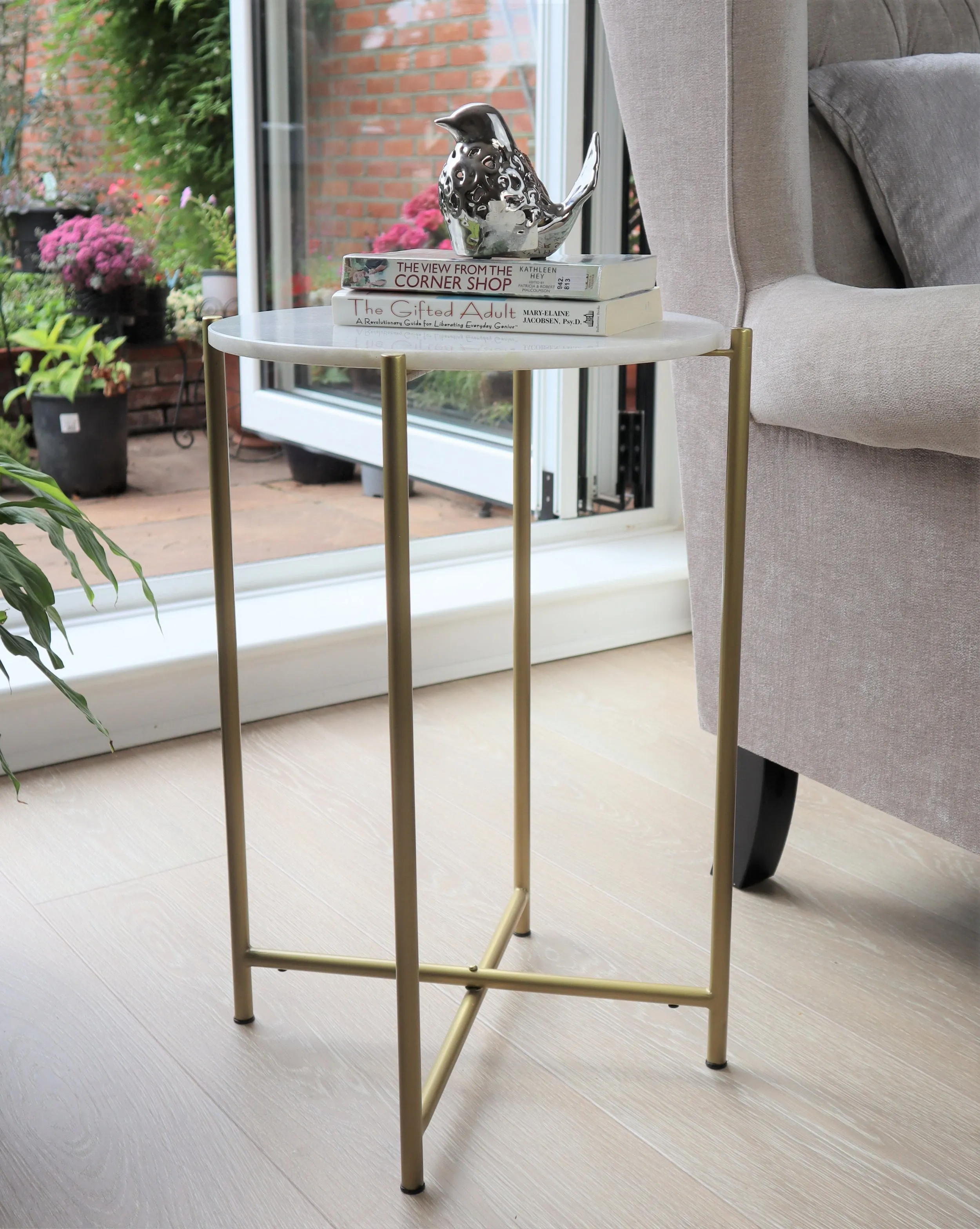 Naomi Round White Marble Side Table , Gold Legs