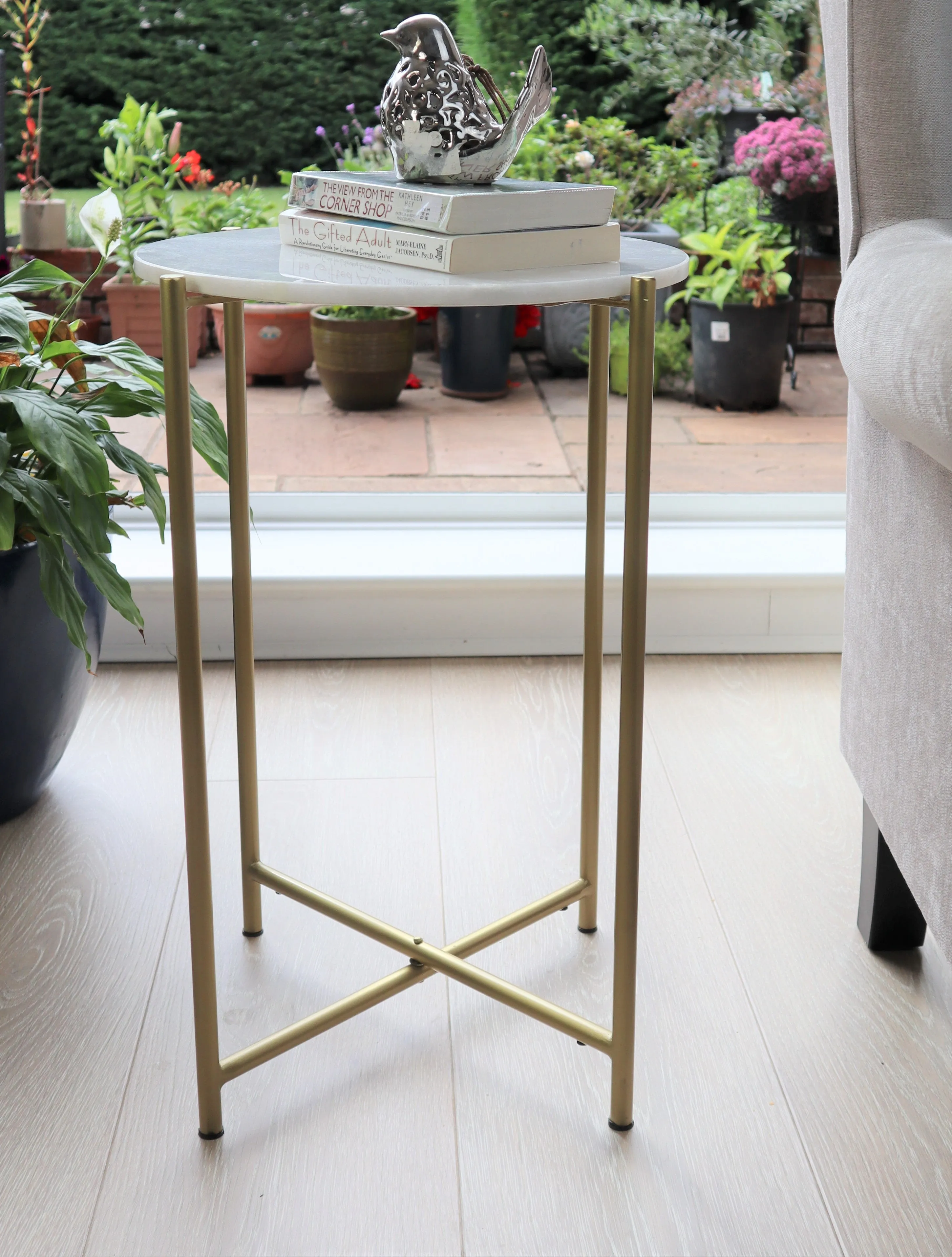 Naomi Round White Marble Side Table , Gold Legs