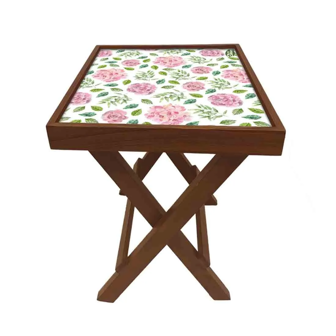 Nutcase Designer Teak Wood Side Table Folding Wooden Bedside Coffee Outdoor Picnic Table - Flower Pattern